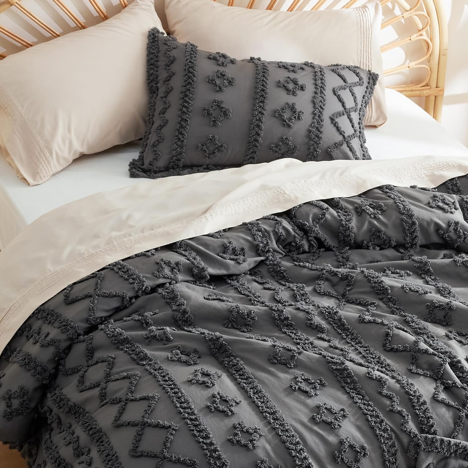 Bedsure Tufted Boho Comforter Set Queen Size - Dark Grey Boho Bed Set, GentleSoft™ 3 Pieces Farmhouse Shabby Chic Embroidery Bedding, Gifts for Woman, Soft Jacquard Queen Comforter for All Seasons