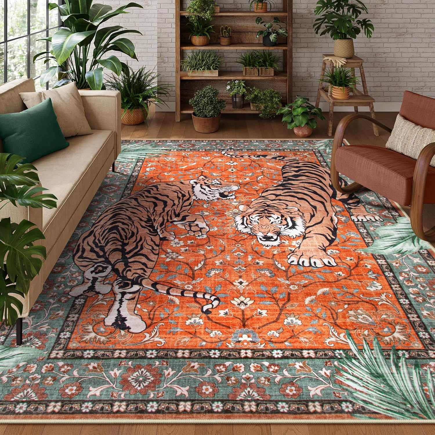 Moynesa Tiger 5x7 Area Rugs, Boho Washable Rugs for Living Room, Vintage Soft Dining Room Rug, Non Slip Ultra Thin Stain Resistant Large Floor Carpet for Office Bedroom, Camel