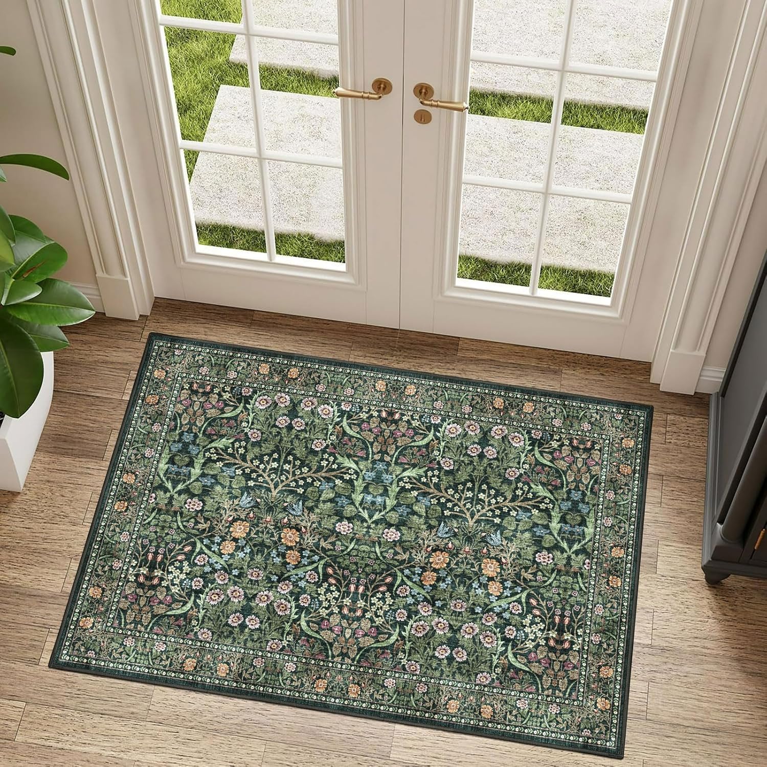 Floral 5x8 Living Room Area Rug - Sage Green Soft Washable Boho Rugs for Bedroom Aesthetic Stain Resistant Carpet Non Slip Modern Insect Print Rugs for Living Room Dining Room Kids Room Office
