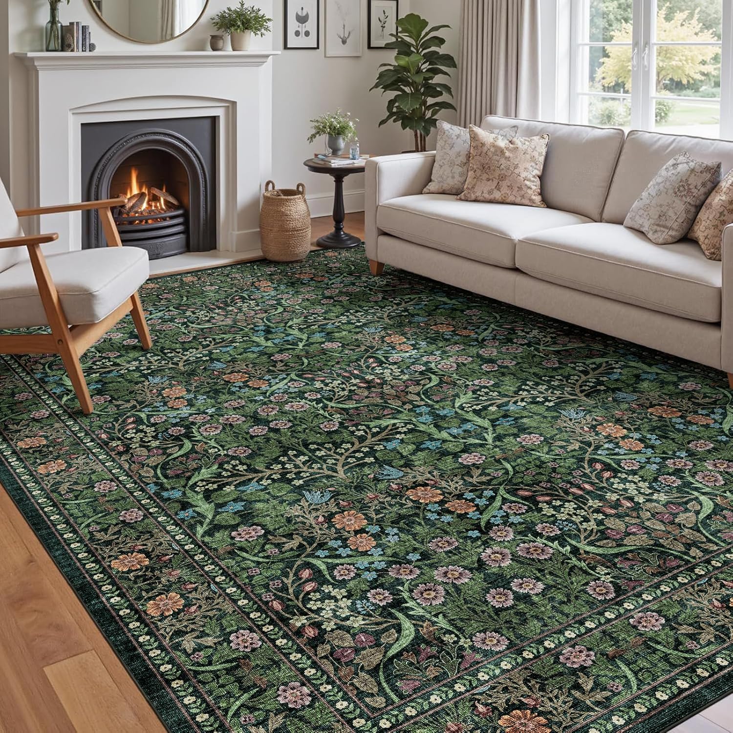 Floral 5x8 Living Room Area Rug - Sage Green Soft Washable Boho Rugs for Bedroom Aesthetic Stain Resistant Carpet Non Slip Modern Insect Print Rugs for Living Room Dining Room Kids Room Office