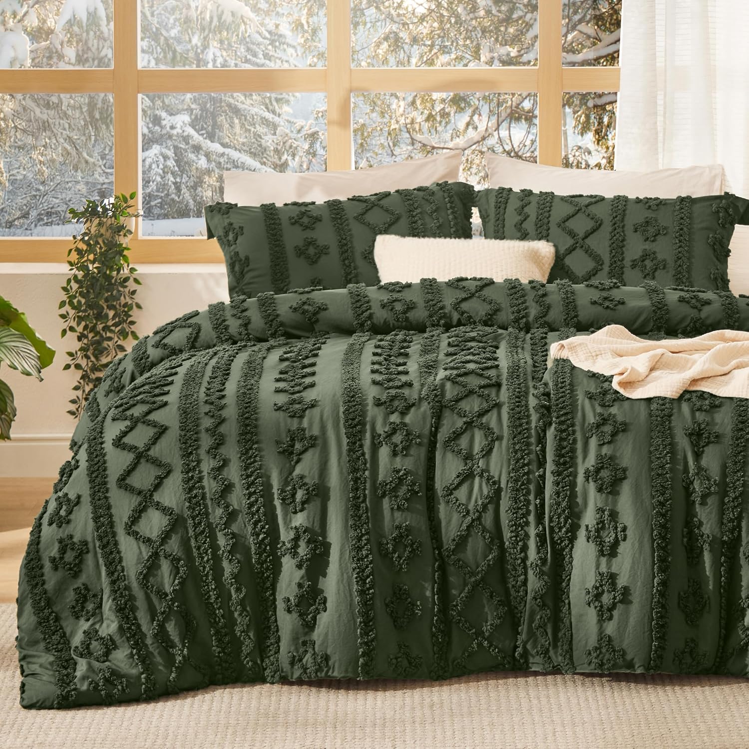 Bedsure Tufted Boho Comforter Set Queen Size - Dark Grey Boho Bed Set, GentleSoft™ 3 Pieces Farmhouse Shabby Chic Embroidery Bedding, Gifts for Woman, Soft Jacquard Queen Comforter for All Seasons