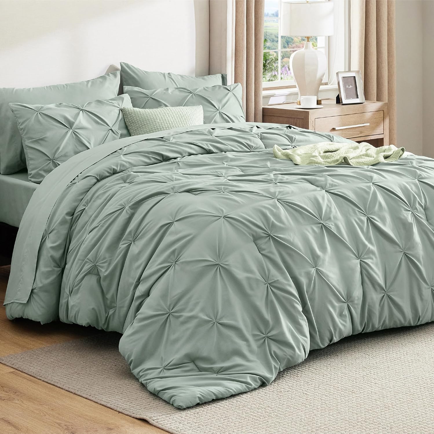 Bedsure King Size Comforter Set - Bedding Sets King 7 Pieces, Pintuck Bed in a Bag Grey Bed Set with Comforter, Sheets, Pillowcases & Shams