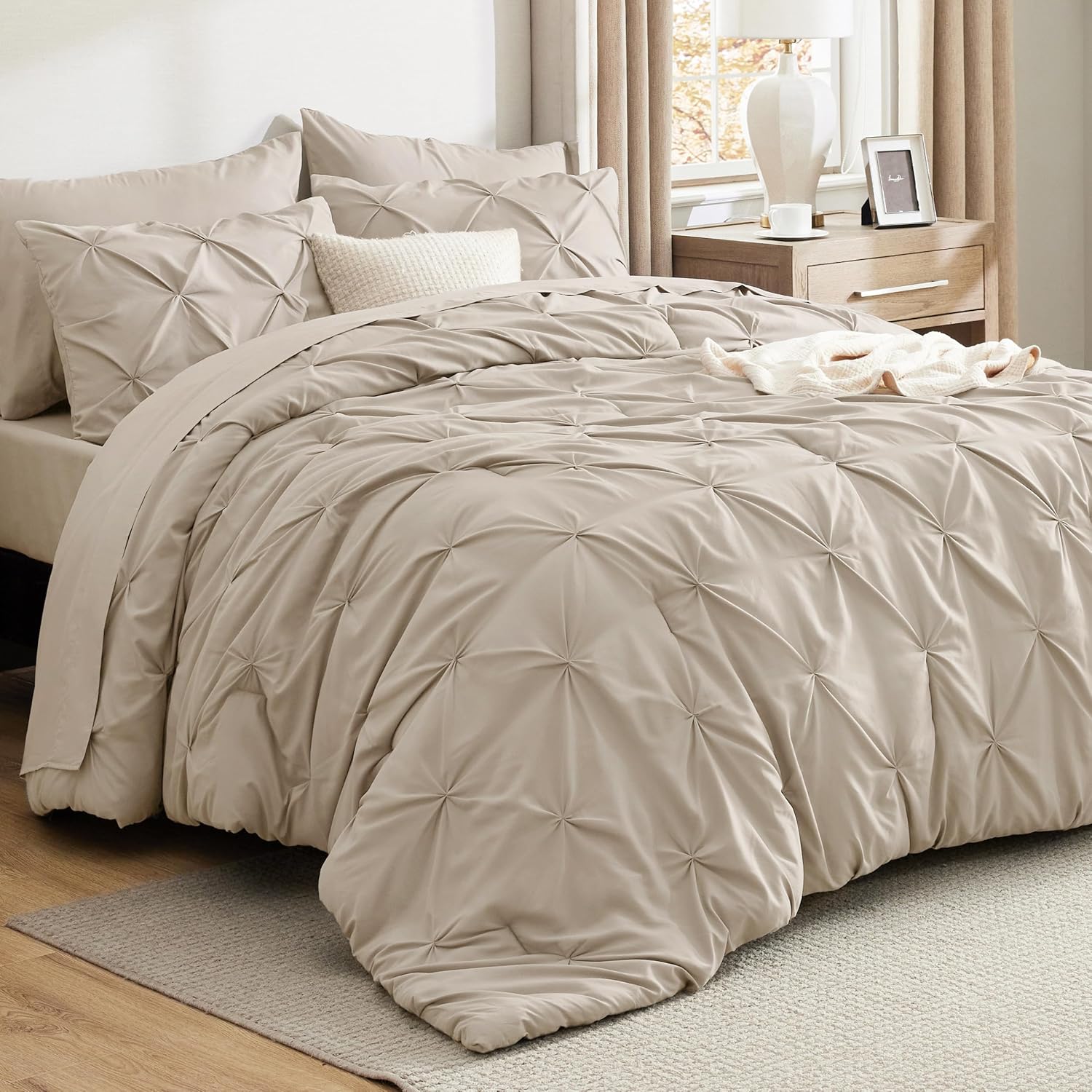 Bedsure King Size Comforter Set - Bedding Sets King 7 Pieces, Pintuck Bed in a Bag Grey Bed Set with Comforter, Sheets, Pillowcases & Shams