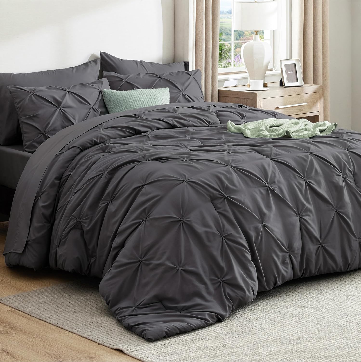 Bedsure King Size Comforter Set - Bedding Sets King 7 Pieces, Pintuck Bed in a Bag Grey Bed Set with Comforter, Sheets, Pillowcases & Shams