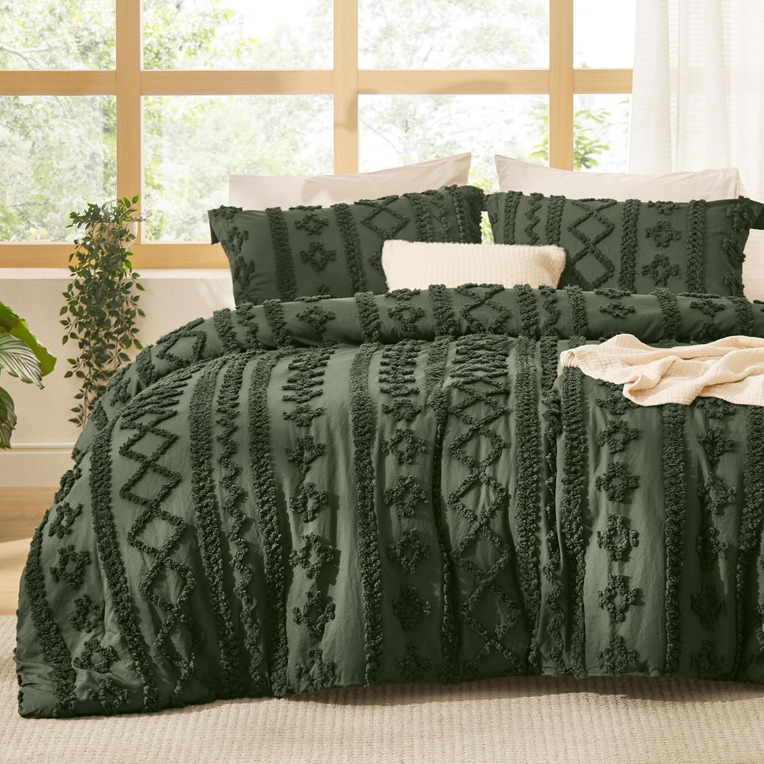 Bedsure Tufted Boho Comforter Set Queen Size - Dark Grey Boho Bed Set, GentleSoft™ 3 Pieces Farmhouse Shabby Chic Embroidery Bedding, Gifts for Woman, Soft Jacquard Queen Comforter for All Seasons