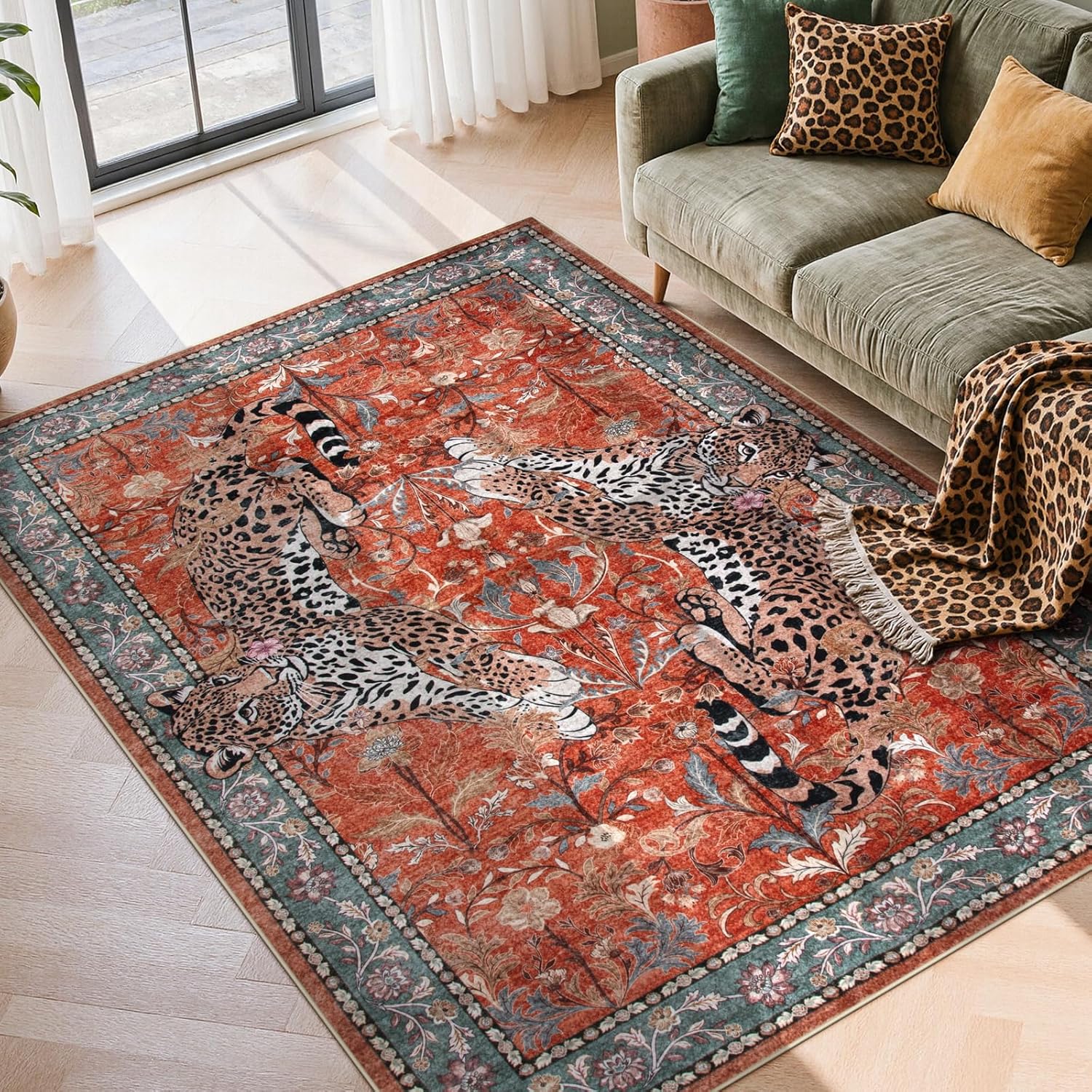 Moynesa Tiger 5x7 Area Rugs, Boho Washable Rugs for Living Room, Vintage Soft Dining Room Rug, Non Slip Ultra Thin Stain Resistant Large Floor Carpet for Office Bedroom, Camel