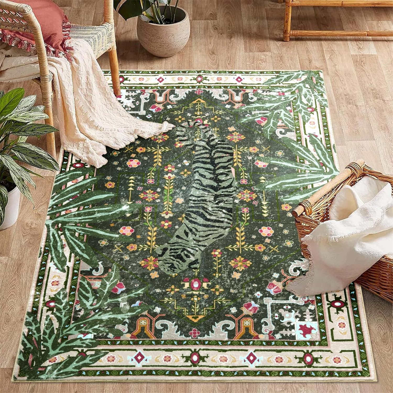 Oriental Tropical Washable Rugs, Thin Black Boho Vintage Distressed Hippie 4x6 Area Rugs for Living Room Bedroom Kitchen Entryway Dorm, Abstract Botanical Animal Tribal Indian Accent Carpet