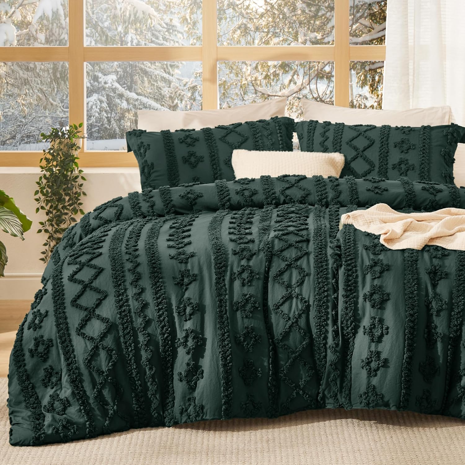 Bedsure Tufted Boho Comforter Set Queen Size - Dark Grey Boho Bed Set, GentleSoft™ 3 Pieces Farmhouse Shabby Chic Embroidery Bedding, Gifts for Woman, Soft Jacquard Queen Comforter for All Seasons