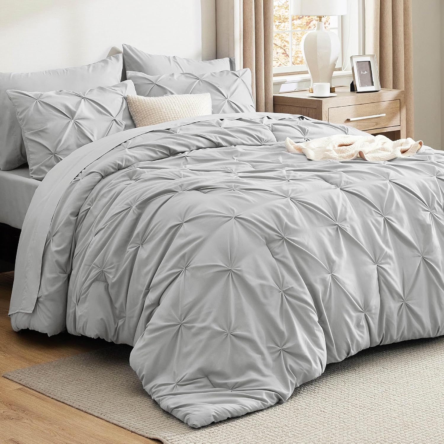 Bedsure King Size Comforter Set - Bedding Sets King 7 Pieces, Pintuck Bed in a Bag Grey Bed Set with Comforter, Sheets, Pillowcases & Shams