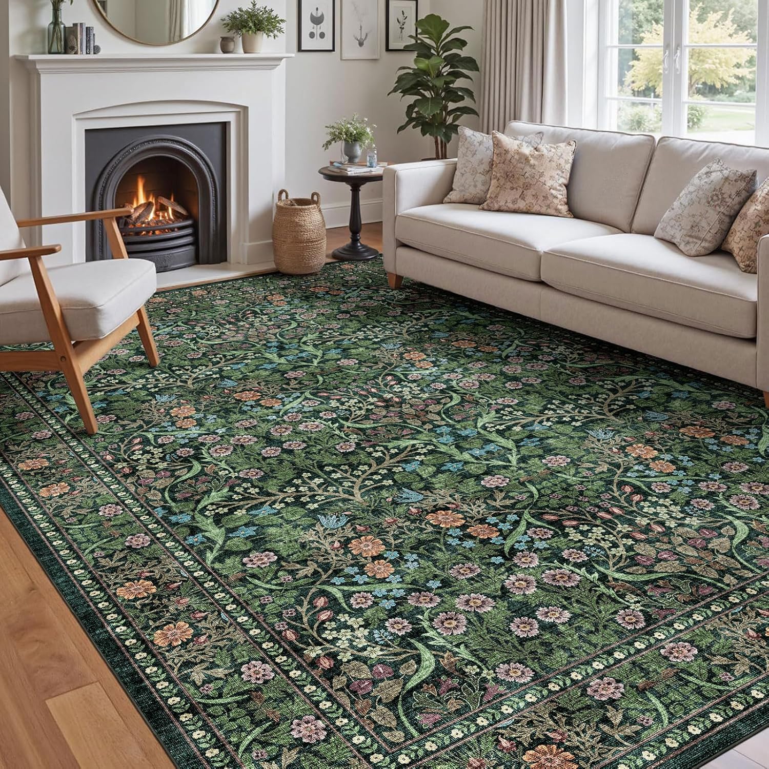 Floral 5x8 Living Room Area Rug - Sage Green Soft Washable Boho Rugs for Bedroom Aesthetic Stain Resistant Carpet Non Slip Modern Insect Print Rugs for Living Room Dining Room Kids Room Office