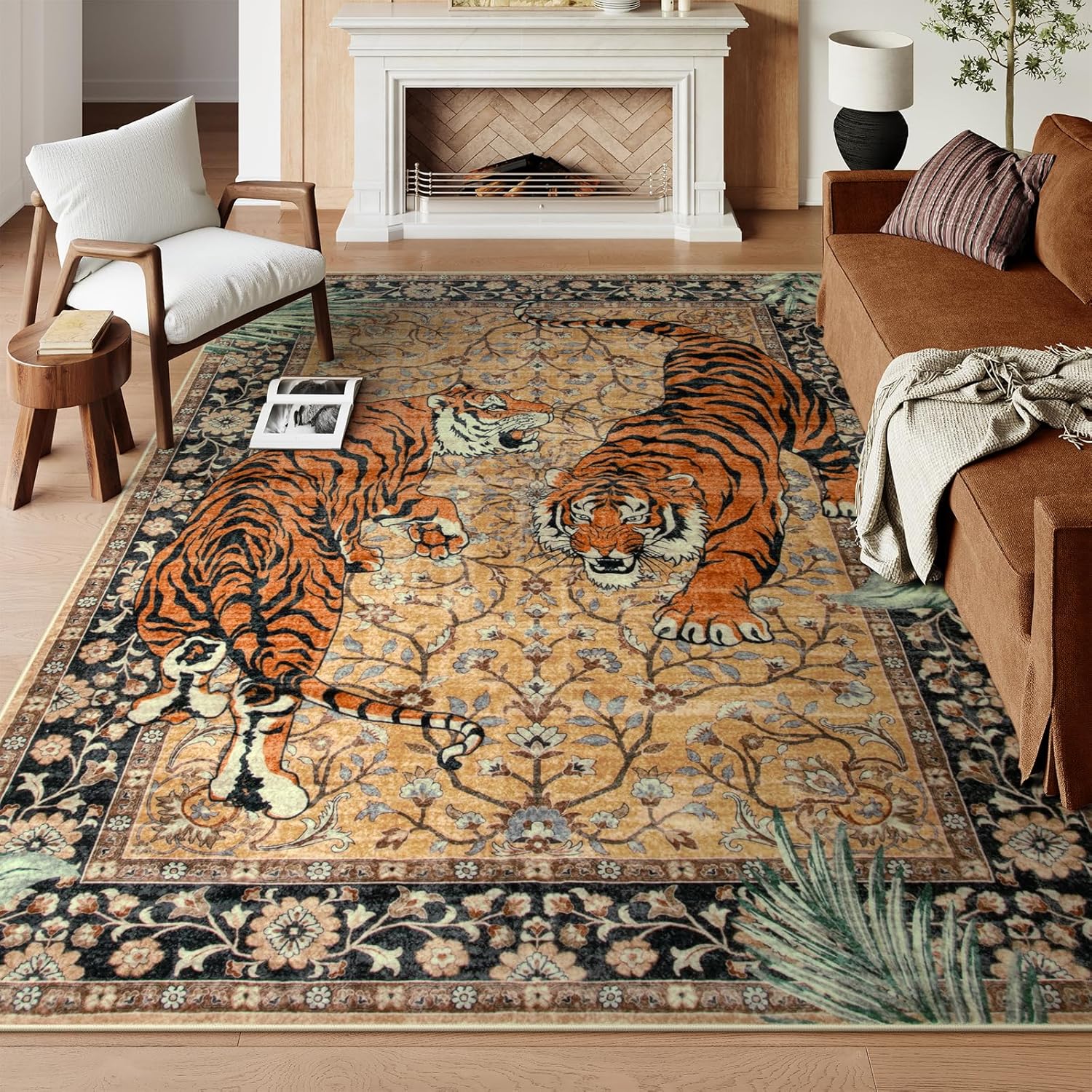 Moynesa Tiger 5x7 Area Rugs, Boho Washable Rugs for Living Room, Vintage Soft Dining Room Rug, Non Slip Ultra Thin Stain Resistant Large Floor Carpet for Office Bedroom, Camel