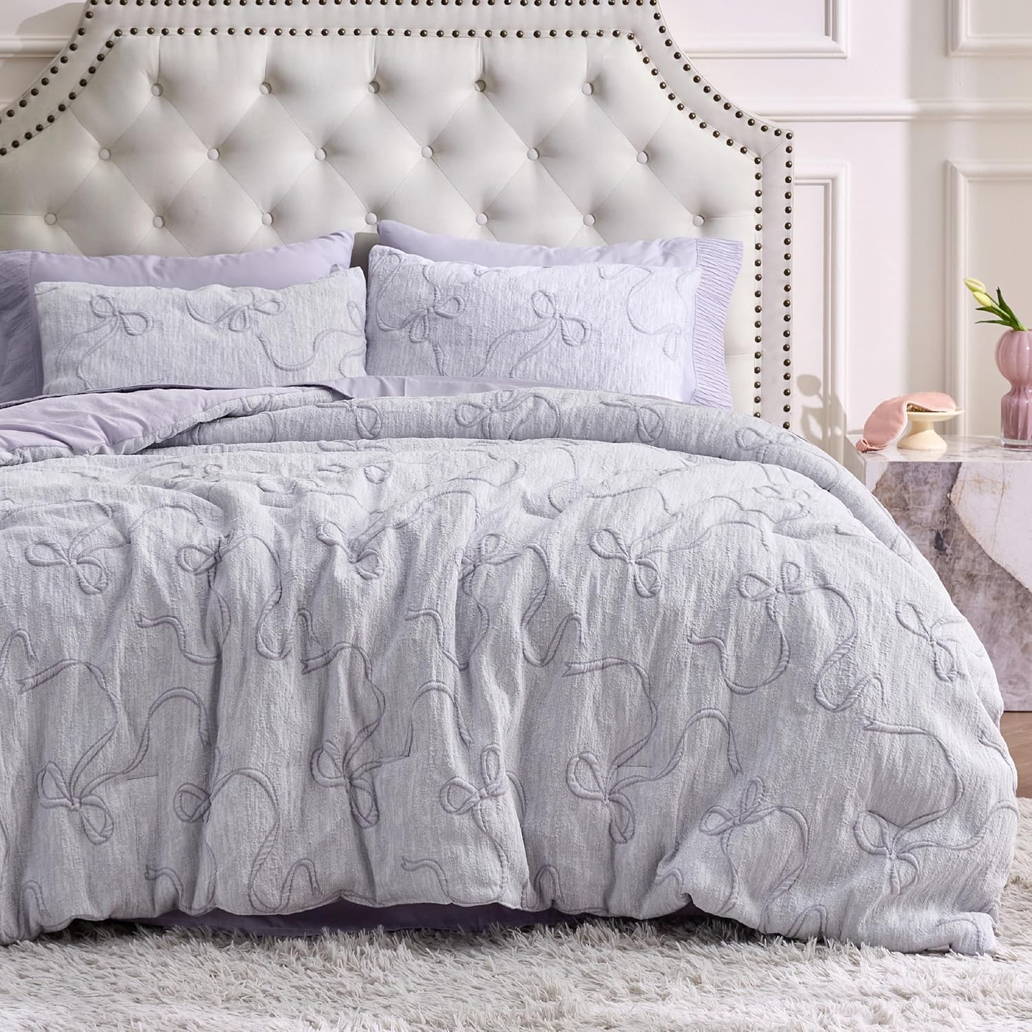 Bedsure Tufted Boho Comforter Set Queen Size - Dark Grey Boho Bed Set, GentleSoft™ 3 Pieces Farmhouse Shabby Chic Embroidery Bedding, Gifts for Woman, Soft Jacquard Queen Comforter for All Seasons