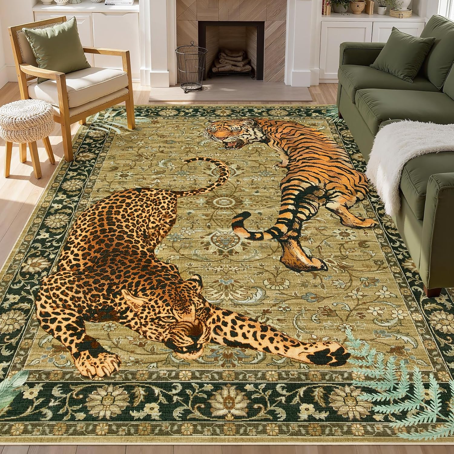 Joydeco Tiger Print Washable 8x10 Rugs for Living Room, Boho Green Cheetah Area Rugs for Bedroom Aesthetic, Large Vintage Non Slip Throw Floor Carpet for Dining Room Office Playroom Dorm
