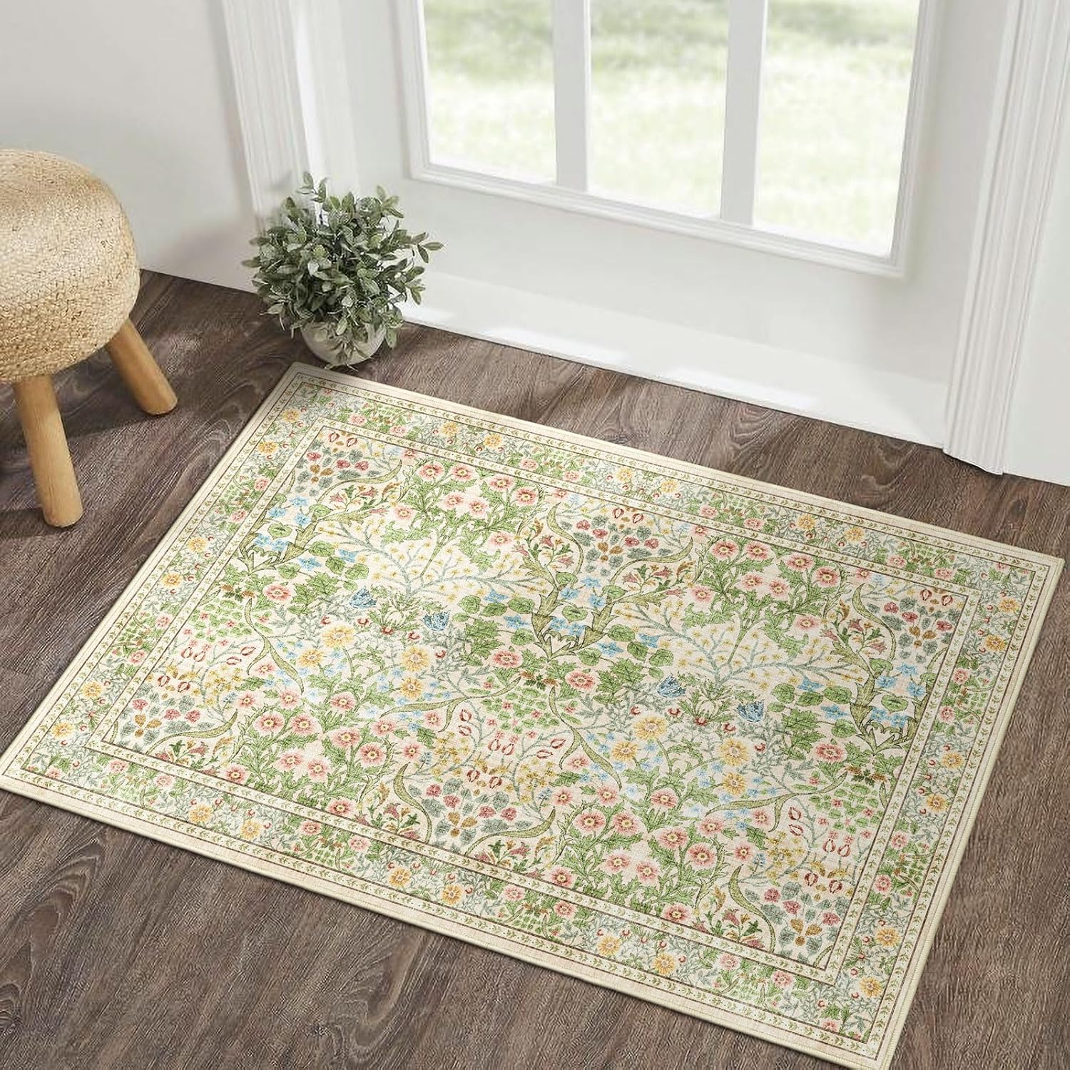 Floral 5x8 Living Room Area Rug - Sage Green Soft Washable Boho Rugs for Bedroom Aesthetic Stain Resistant Carpet Non Slip Modern Insect Print Rugs for Living Room Dining Room Kids Room Office