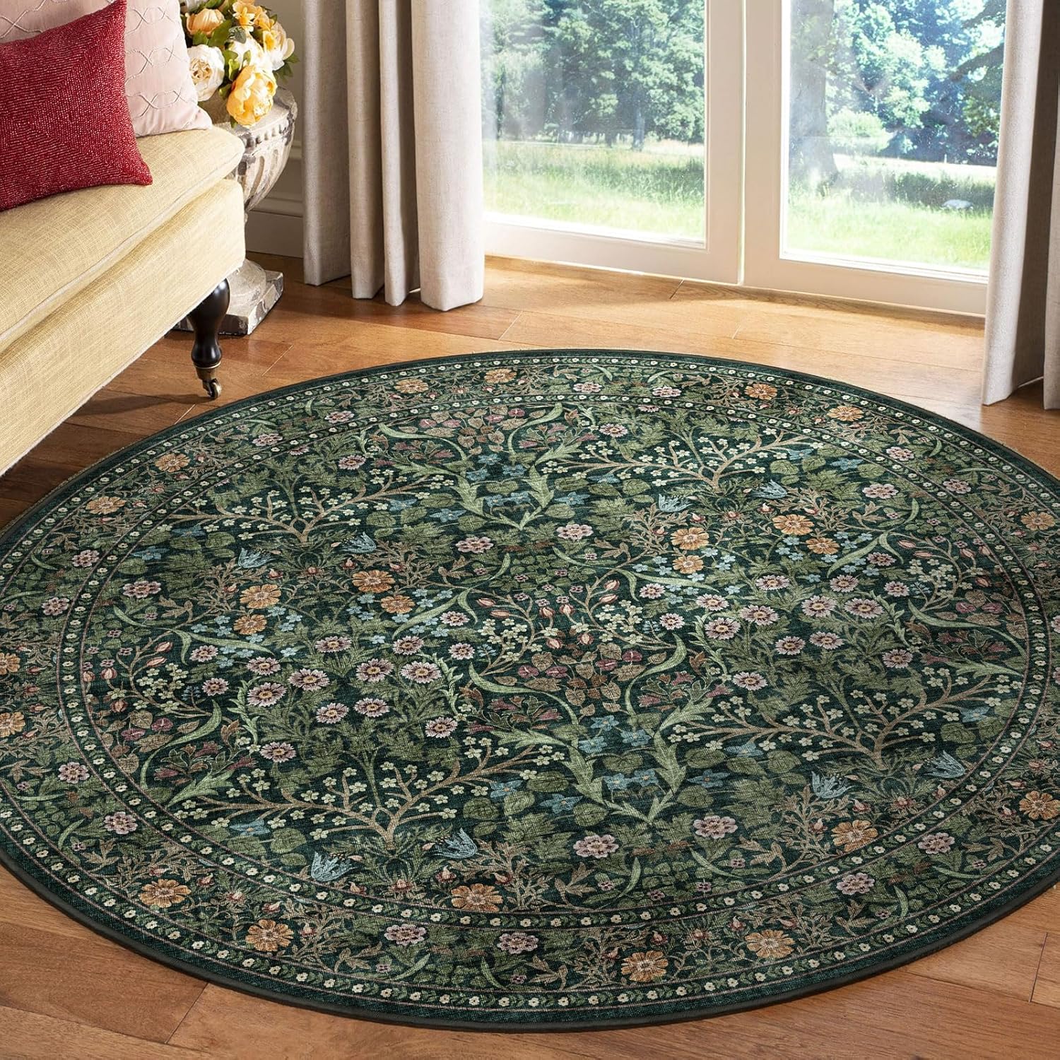 Floral 5x8 Living Room Area Rug - Sage Green Soft Washable Boho Rugs for Bedroom Aesthetic Stain Resistant Carpet Non Slip Modern Insect Print Rugs for Living Room Dining Room Kids Room Office