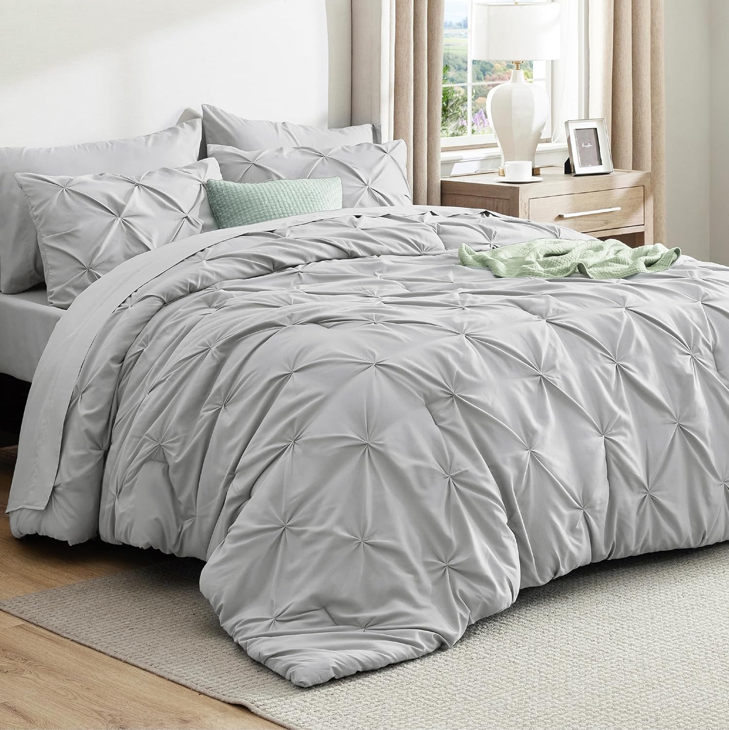 Bedsure King Size Comforter Set - Bedding Sets King 7 Pieces, Pintuck Bed in a Bag Grey Bed Set with Comforter, Sheets, Pillowcases & Shams