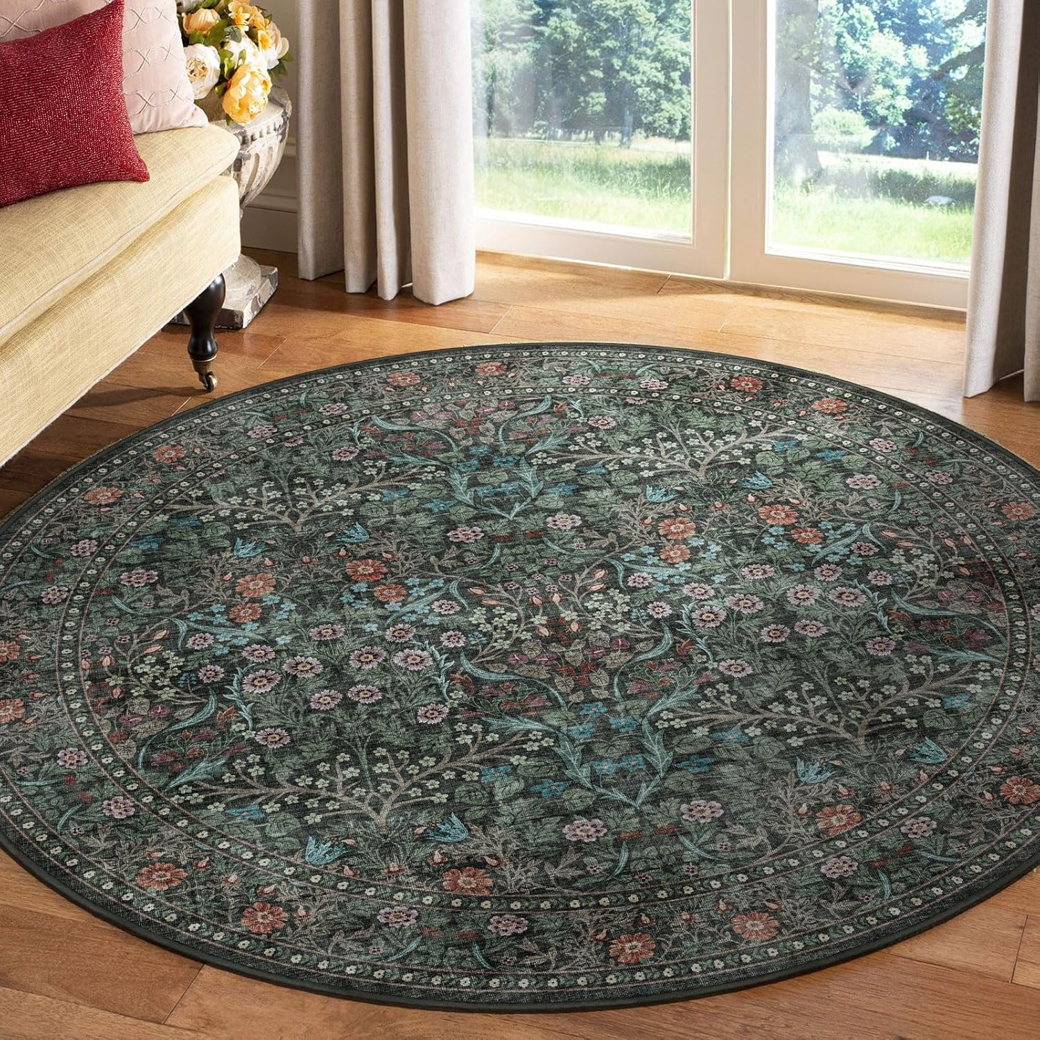 Floral 5x8 Living Room Area Rug - Sage Green Soft Washable Boho Rugs for Bedroom Aesthetic Stain Resistant Carpet Non Slip Modern Insect Print Rugs for Living Room Dining Room Kids Room Office