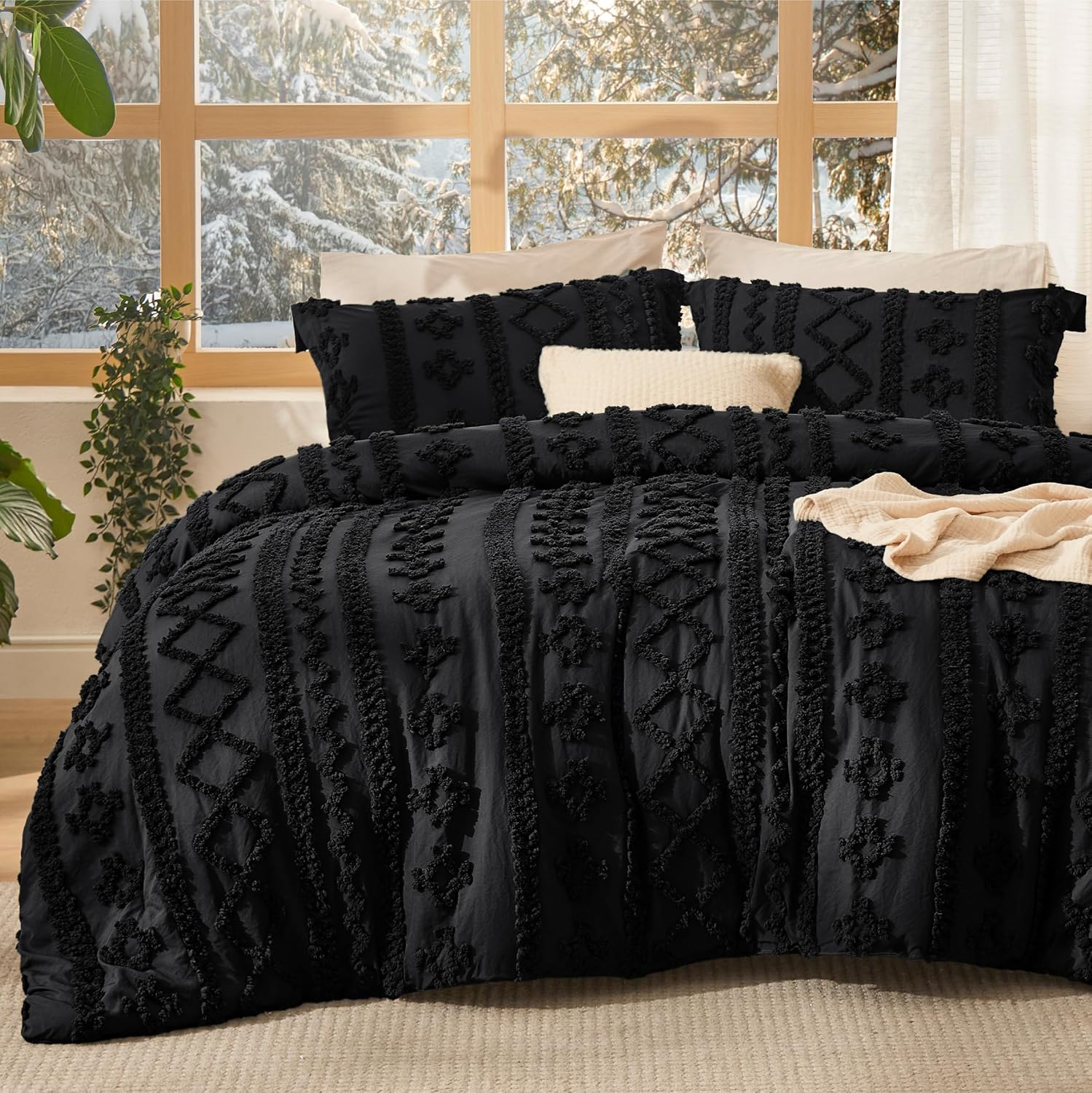 Bedsure Tufted Boho Comforter Set Queen Size - Dark Grey Boho Bed Set, GentleSoft™ 3 Pieces Farmhouse Shabby Chic Embroidery Bedding, Gifts for Woman, Soft Jacquard Queen Comforter for All Seasons