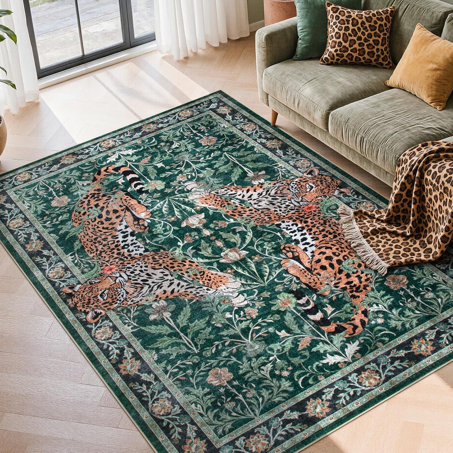 Moynesa Tiger 5x7 Area Rugs, Boho Washable Rugs for Living Room, Vintage Soft Dining Room Rug, Non Slip Ultra Thin Stain Resistant Large Floor Carpet for Office Bedroom, Camel