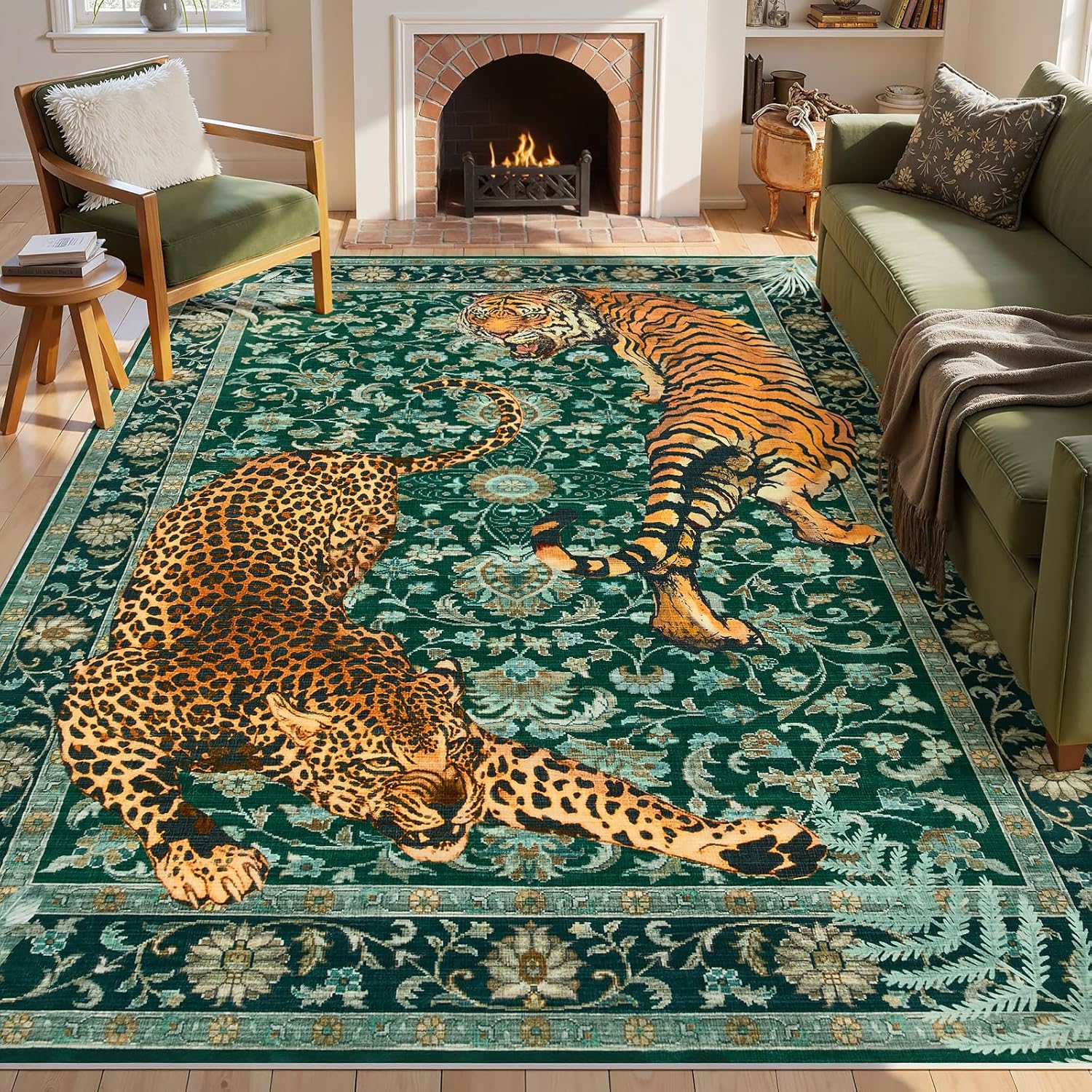Joydeco Tiger Print Washable 8x10 Rugs for Living Room, Boho Green Cheetah Area Rugs for Bedroom Aesthetic, Large Vintage Non Slip Throw Floor Carpet for Dining Room Office Playroom Dorm