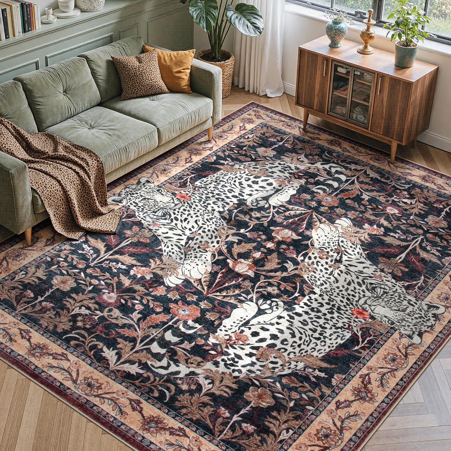 Moynesa Tiger 5x7 Area Rugs, Boho Washable Rugs for Living Room, Vintage Soft Dining Room Rug, Non Slip Ultra Thin Stain Resistant Large Floor Carpet for Office Bedroom, Camel