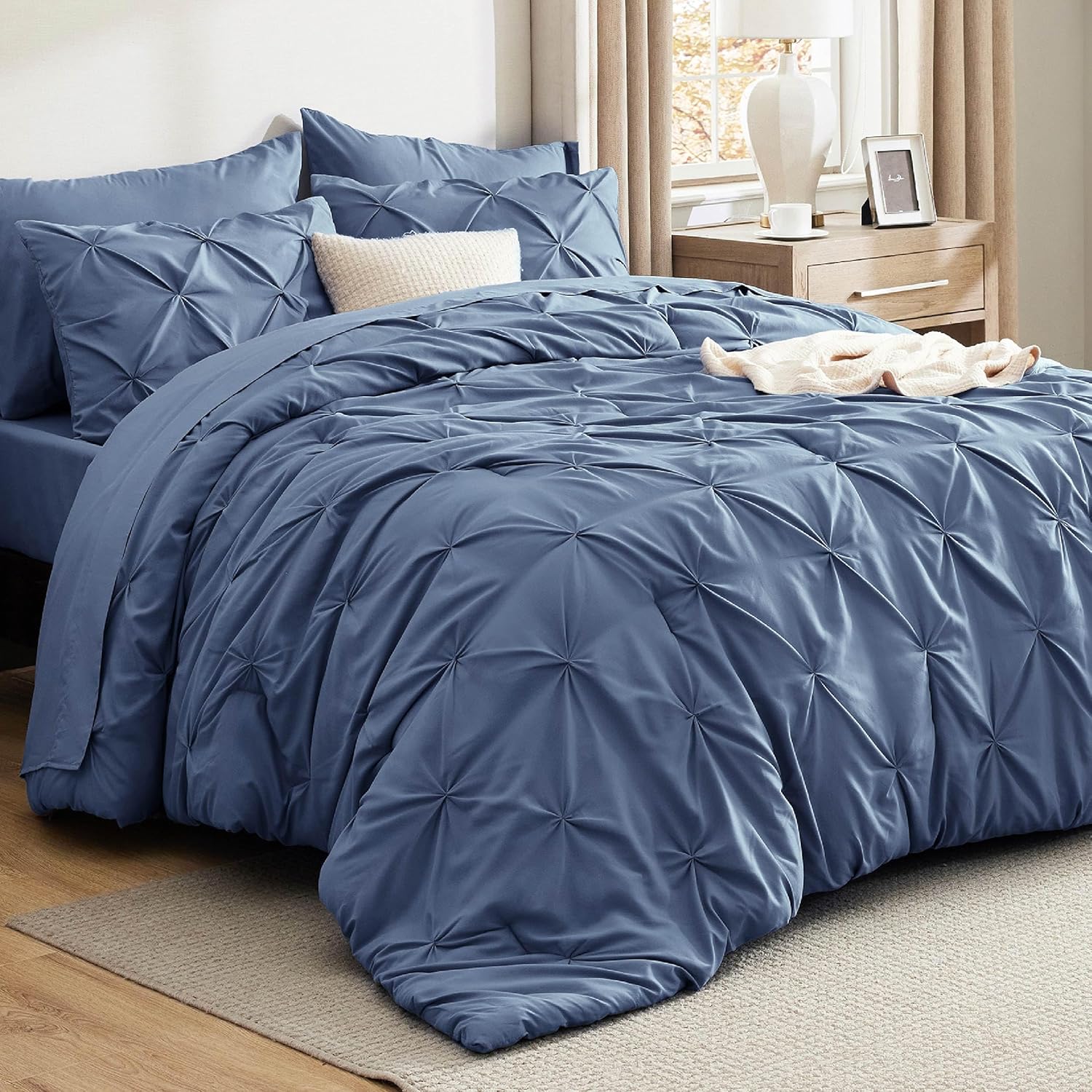 Bedsure King Size Comforter Set - Bedding Sets King 7 Pieces, Pintuck Bed in a Bag Grey Bed Set with Comforter, Sheets, Pillowcases & Shams