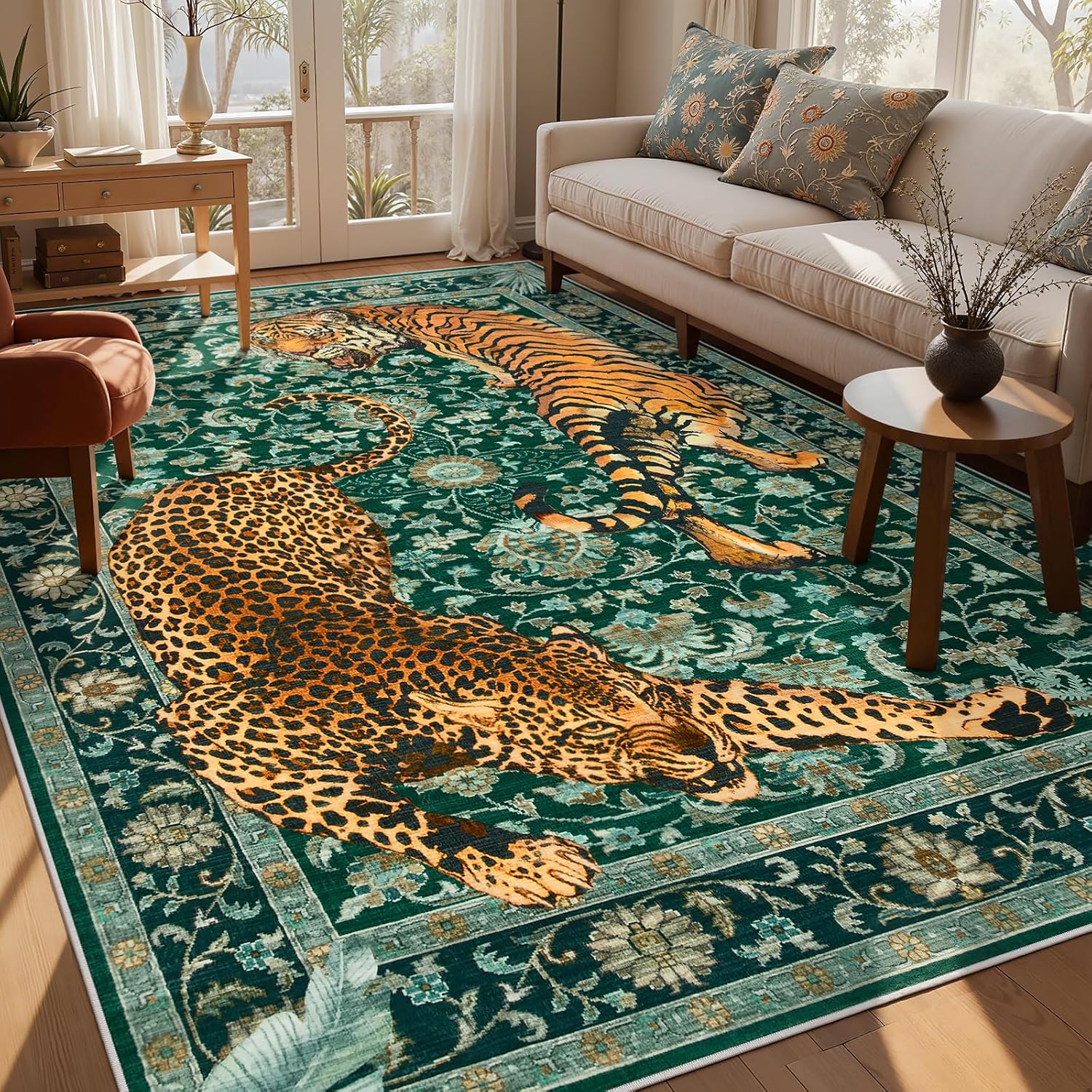 Joydeco Tiger Print Washable 8x10 Rugs for Living Room, Boho Green Cheetah Area Rugs for Bedroom Aesthetic, Large Vintage Non Slip Throw Floor Carpet for Dining Room Office Playroom Dorm