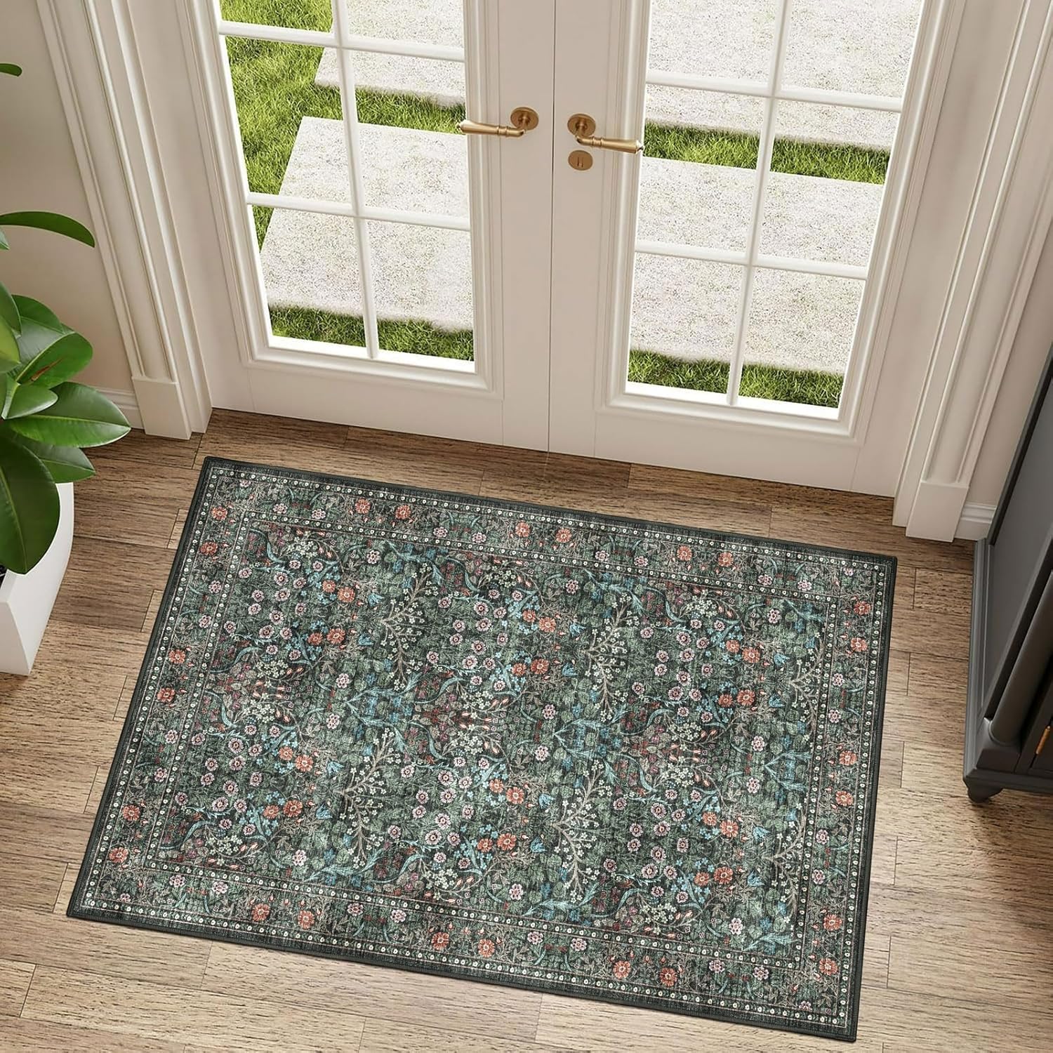Floral 5x8 Living Room Area Rug - Sage Green Soft Washable Boho Rugs for Bedroom Aesthetic Stain Resistant Carpet Non Slip Modern Insect Print Rugs for Living Room Dining Room Kids Room Office