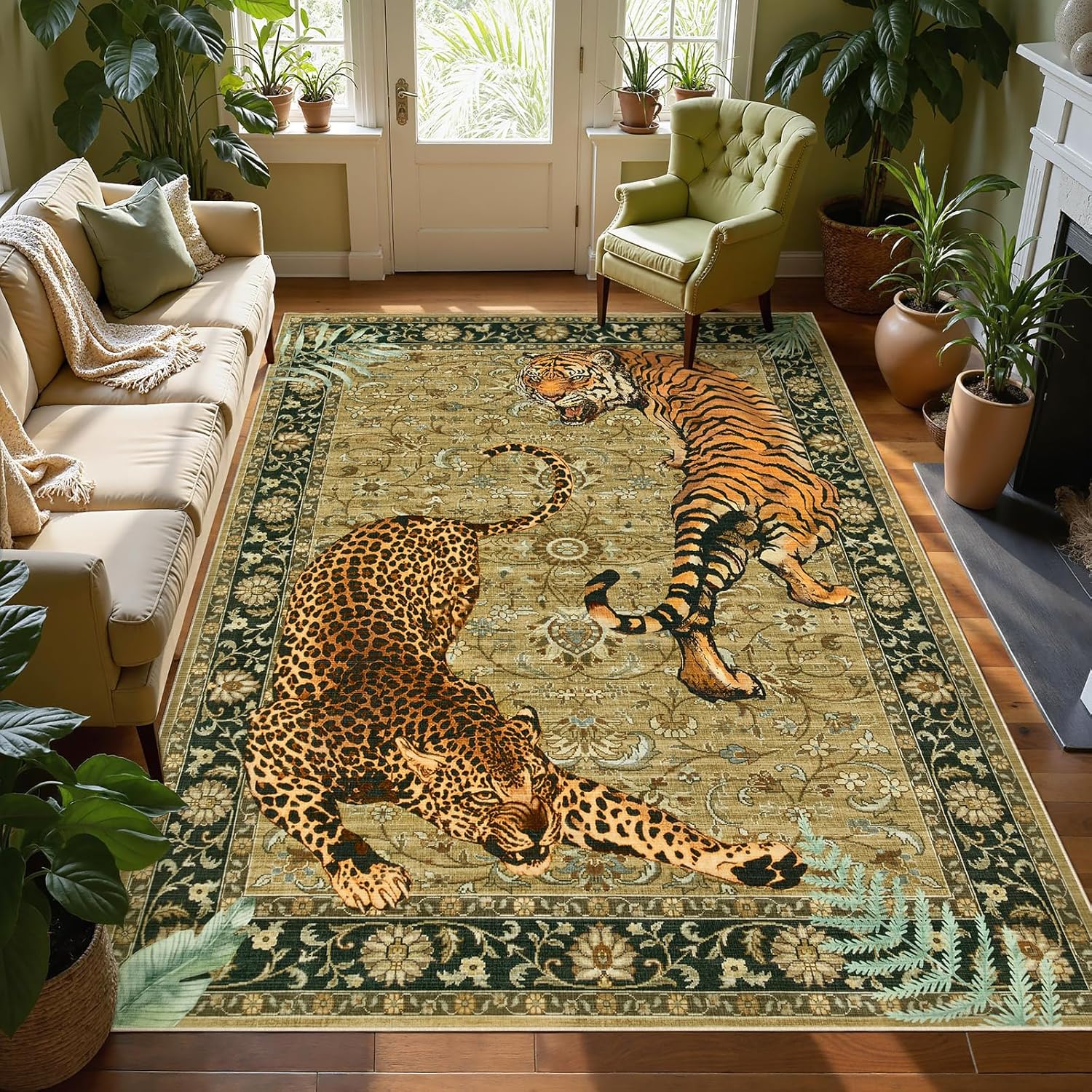 Joydeco Tiger Print Washable 8x10 Rugs for Living Room, Boho Green Cheetah Area Rugs for Bedroom Aesthetic, Large Vintage Non Slip Throw Floor Carpet for Dining Room Office Playroom Dorm