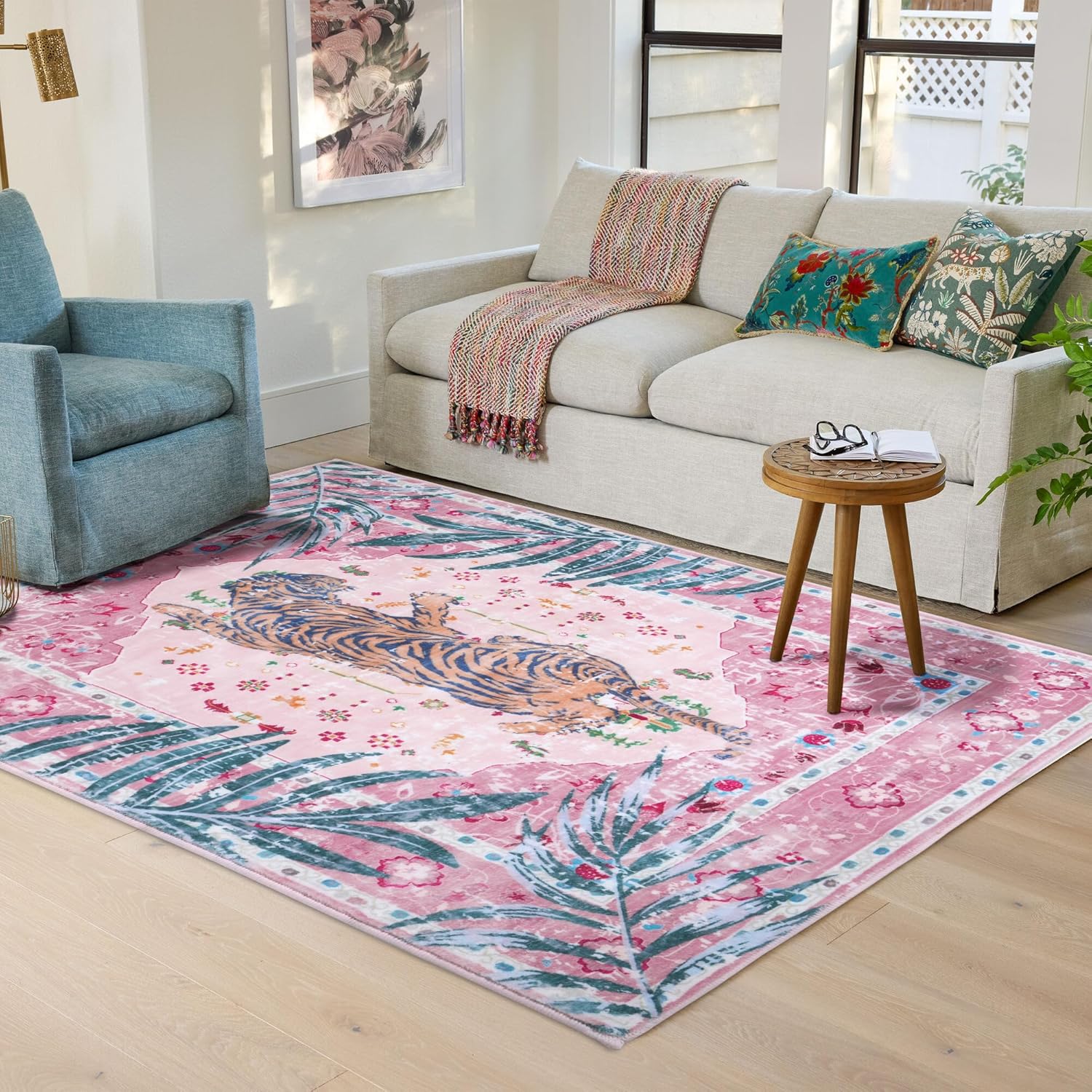 5x7 FT Leopard Rug for Living Room Pink Leopard Vintage Animal Rug Aesthetic Pink Rugs for Girls Room Nursery Bedroom Home Office Dorm Thin Bright Blush Pink Carpet (Light Pink, 5X7 FT)