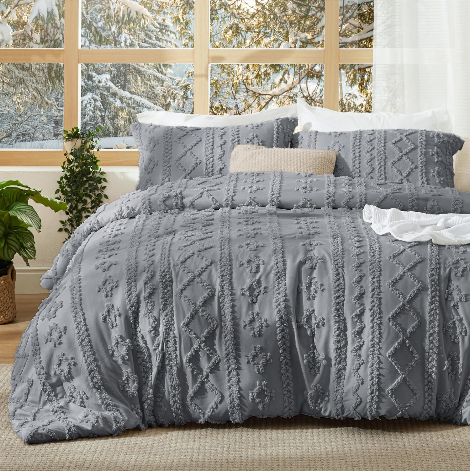 Bedsure Tufted Boho Comforter Set Queen Size - Dark Grey Boho Bed Set, GentleSoft™ 3 Pieces Farmhouse Shabby Chic Embroidery Bedding, Gifts for Woman, Soft Jacquard Queen Comforter for All Seasons