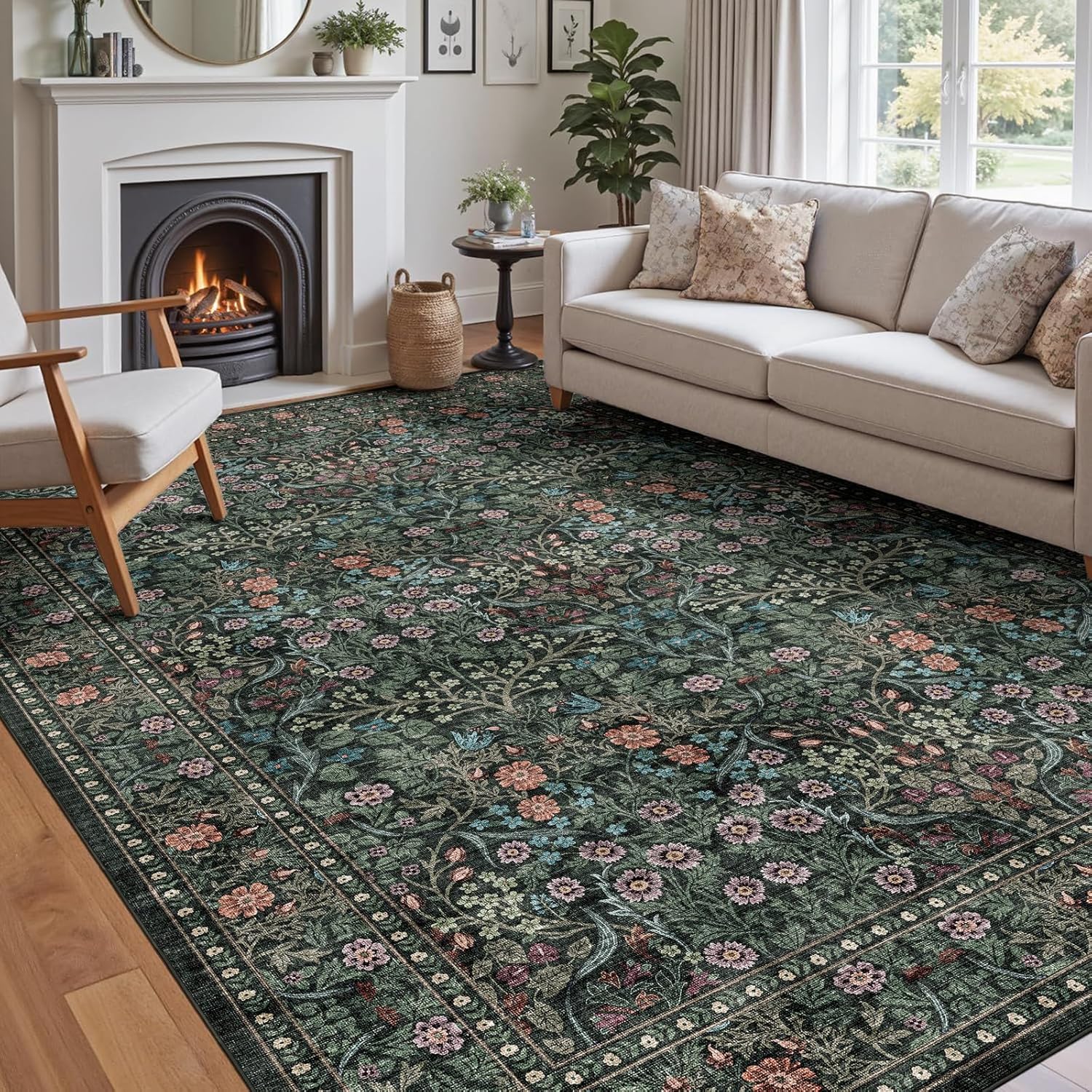 Floral 5x8 Living Room Area Rug - Sage Green Soft Washable Boho Rugs for Bedroom Aesthetic Stain Resistant Carpet Non Slip Modern Insect Print Rugs for Living Room Dining Room Kids Room Office