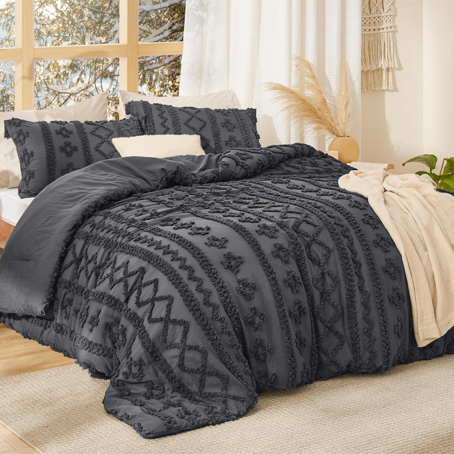 Bedsure Tufted Boho Comforter Set Queen Size - Dark Grey Boho Bed Set, GentleSoft™ 3 Pieces Farmhouse Shabby Chic Embroidery Bedding, Gifts for Woman, Soft Jacquard Queen Comforter for All Seasons
