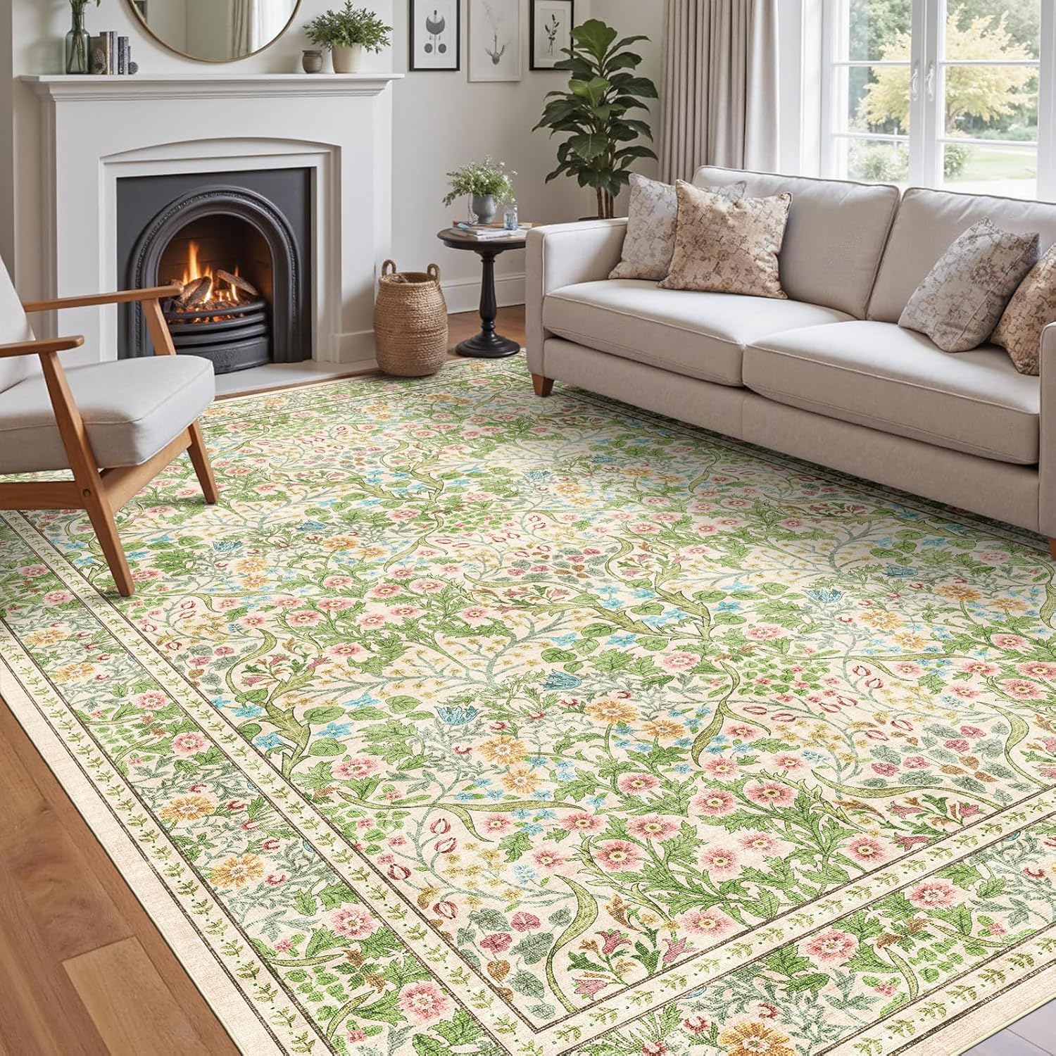 Floral 5x8 Living Room Area Rug - Sage Green Soft Washable Boho Rugs for Bedroom Aesthetic Stain Resistant Carpet Non Slip Modern Insect Print Rugs for Living Room Dining Room Kids Room Office