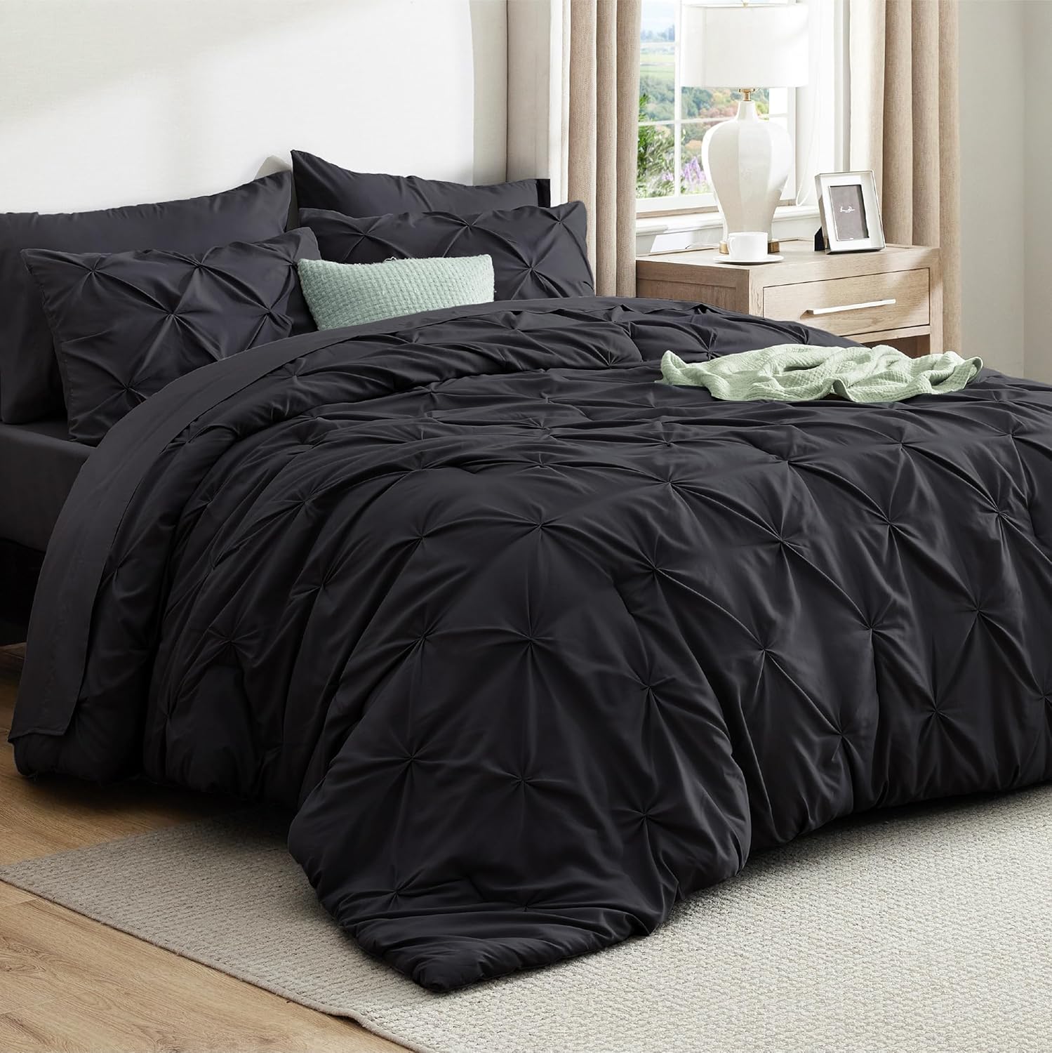 Bedsure King Size Comforter Set - Bedding Sets King 7 Pieces, Pintuck Bed in a Bag Grey Bed Set with Comforter, Sheets, Pillowcases & Shams