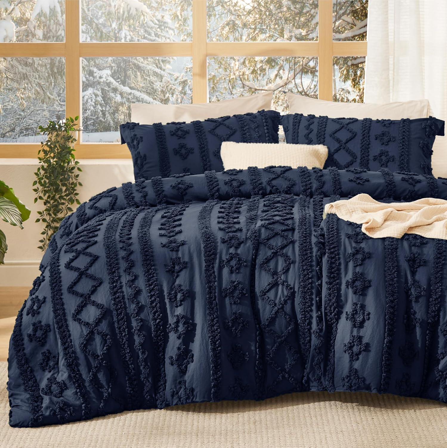 Bedsure Tufted Boho Comforter Set Queen Size - Dark Grey Boho Bed Set, GentleSoft™ 3 Pieces Farmhouse Shabby Chic Embroidery Bedding, Gifts for Woman, Soft Jacquard Queen Comforter for All Seasons