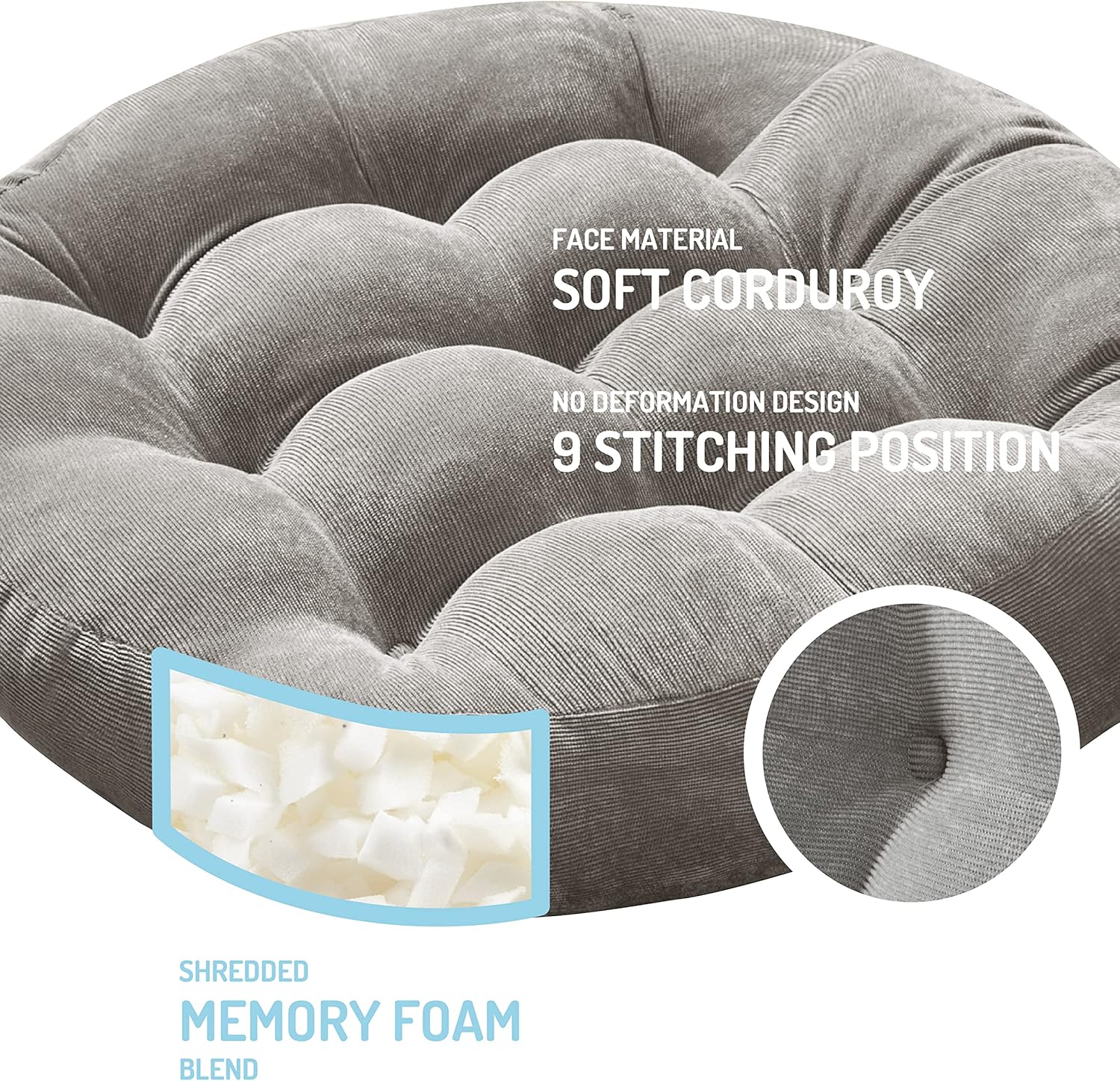 Degrees of Comfort Meditation Floor Pillow, Round Large Pillows Seating for Adults, Tufted Corduroy Cushion for Tatami Living Room, Grey, 22 Inch