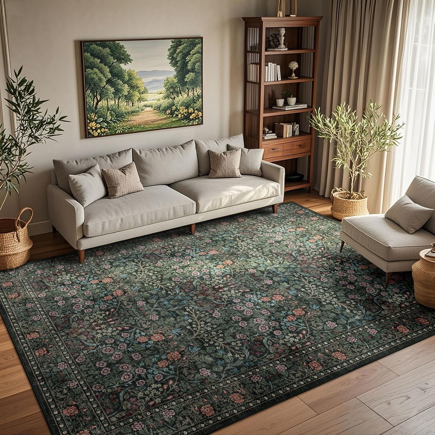 Floral 5x8 Living Room Area Rug - Sage Green Soft Washable Boho Rugs for Bedroom Aesthetic Stain Resistant Carpet Non Slip Modern Insect Print Rugs for Living Room Dining Room Kids Room Office