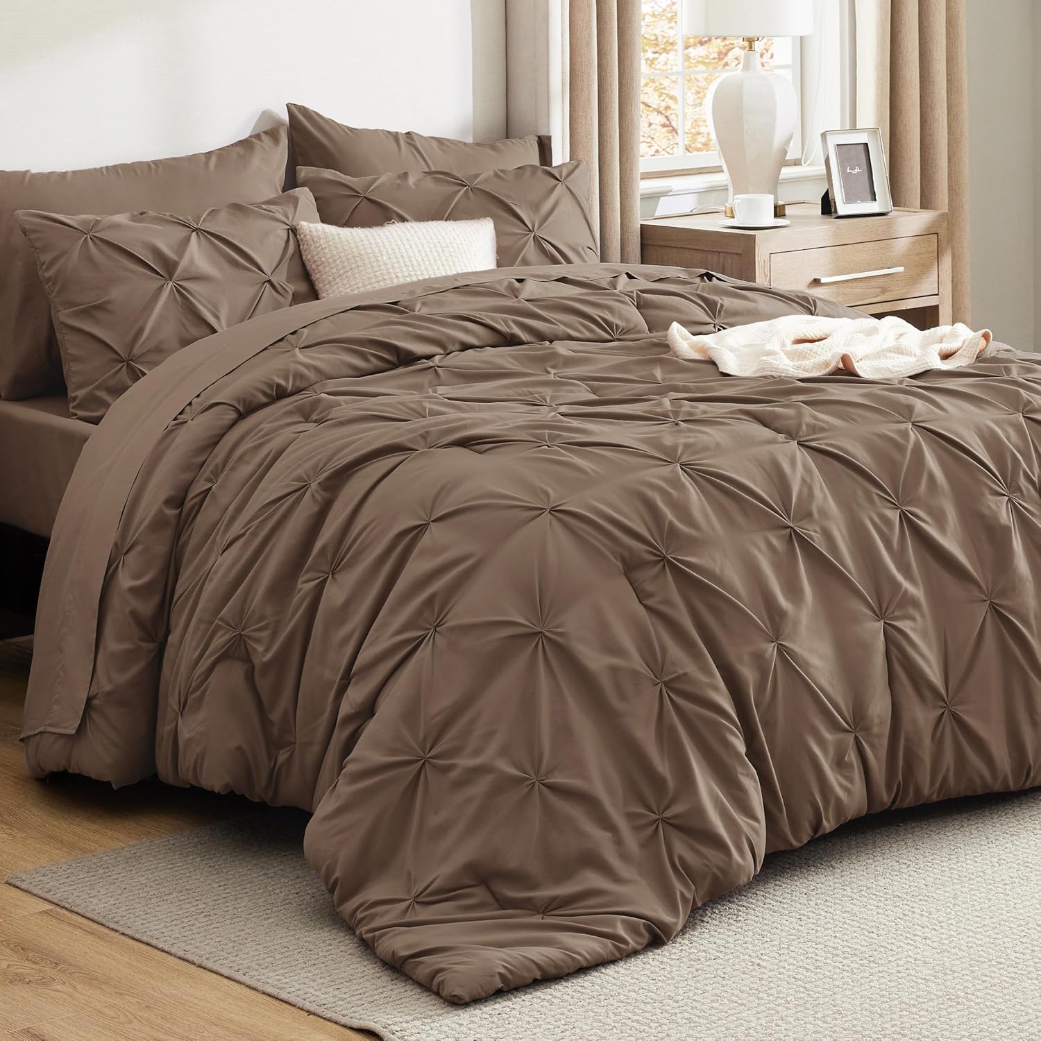 Bedsure King Size Comforter Set - Bedding Sets King 7 Pieces, Pintuck Bed in a Bag Grey Bed Set with Comforter, Sheets, Pillowcases & Shams