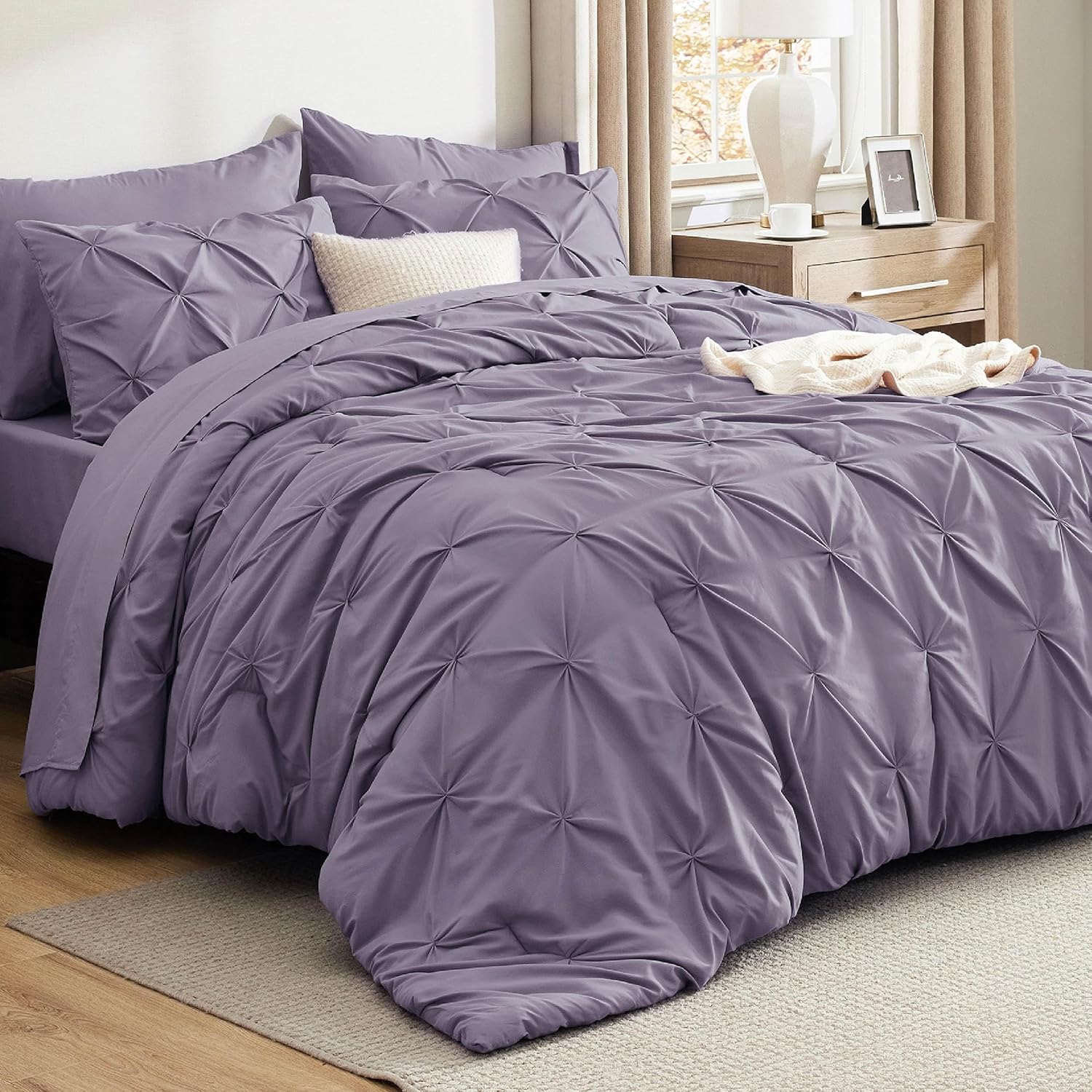 Bedsure King Size Comforter Set - Bedding Sets King 7 Pieces, Pintuck Bed in a Bag Grey Bed Set with Comforter, Sheets, Pillowcases & Shams