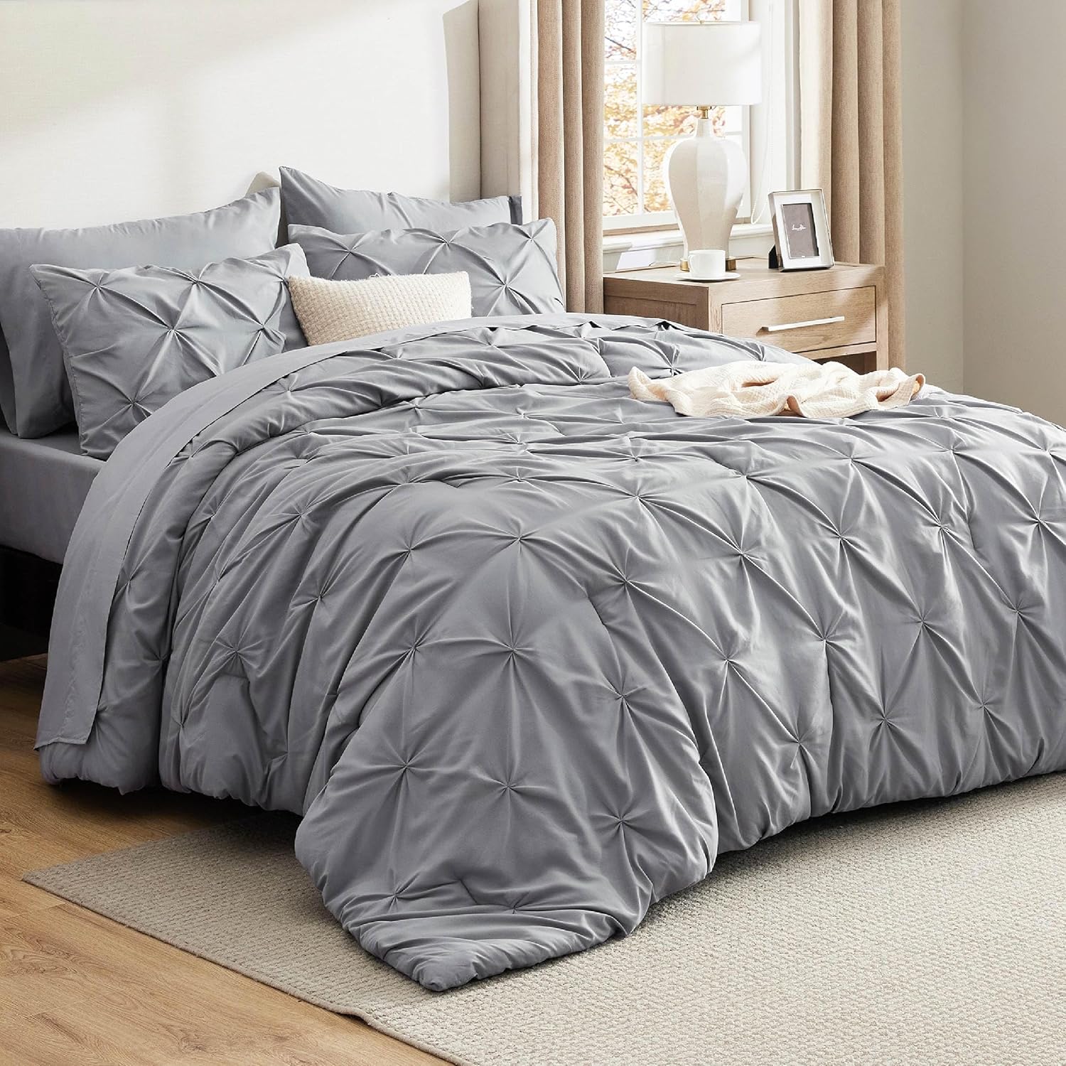 Bedsure King Size Comforter Set - Bedding Sets King 7 Pieces, Pintuck Bed in a Bag Grey Bed Set with Comforter, Sheets, Pillowcases & Shams