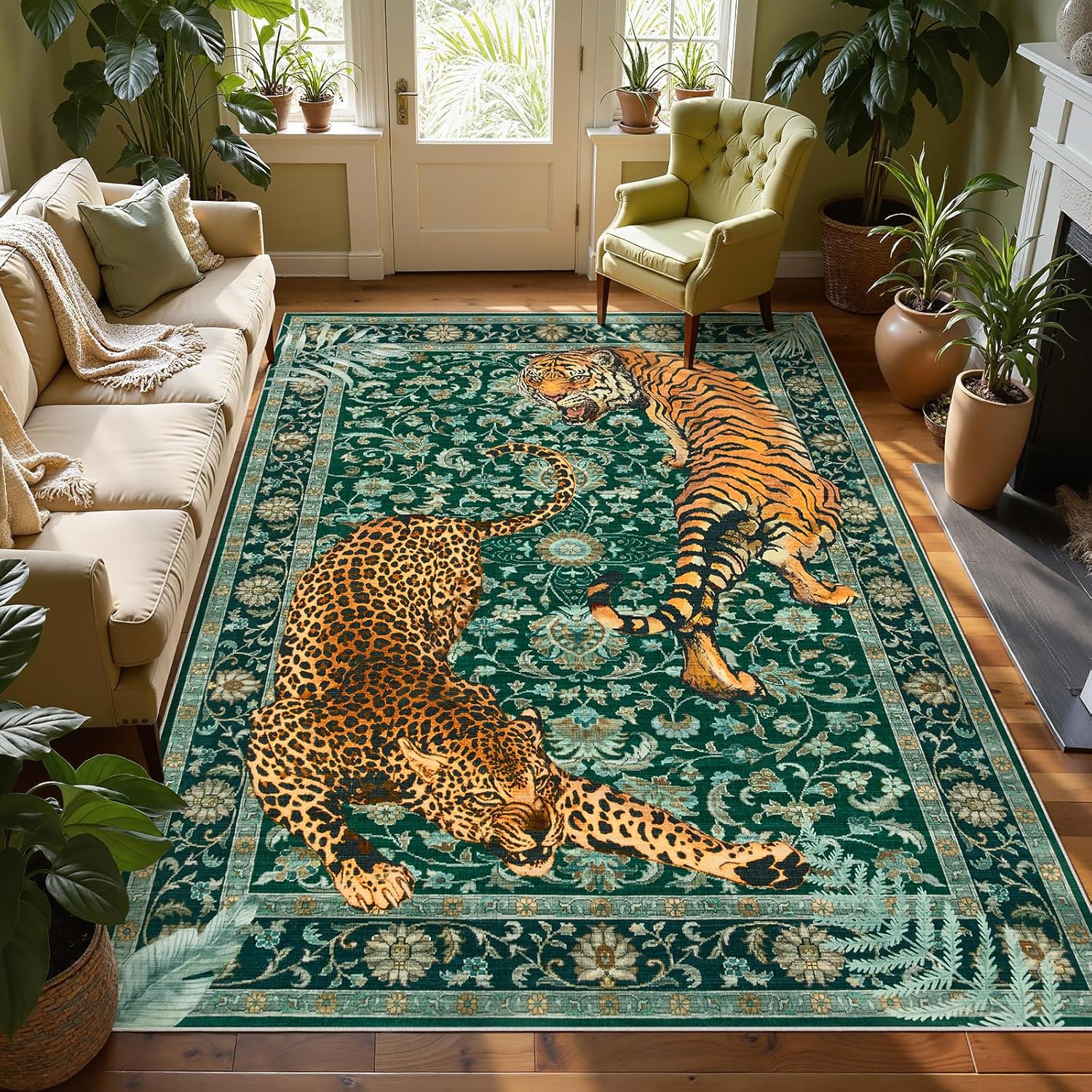 Joydeco Tiger Print Washable 8x10 Rugs for Living Room, Boho Green Cheetah Area Rugs for Bedroom Aesthetic, Large Vintage Non Slip Throw Floor Carpet for Dining Room Office Playroom Dorm