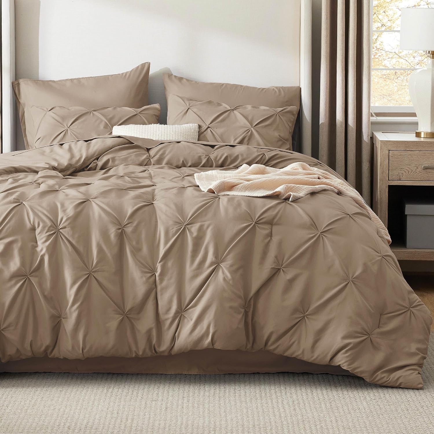Bedsure King Size Comforter Set - Bedding Sets King 7 Pieces, Pintuck Bed in a Bag Grey Bed Set with Comforter, Sheets, Pillowcases & Shams