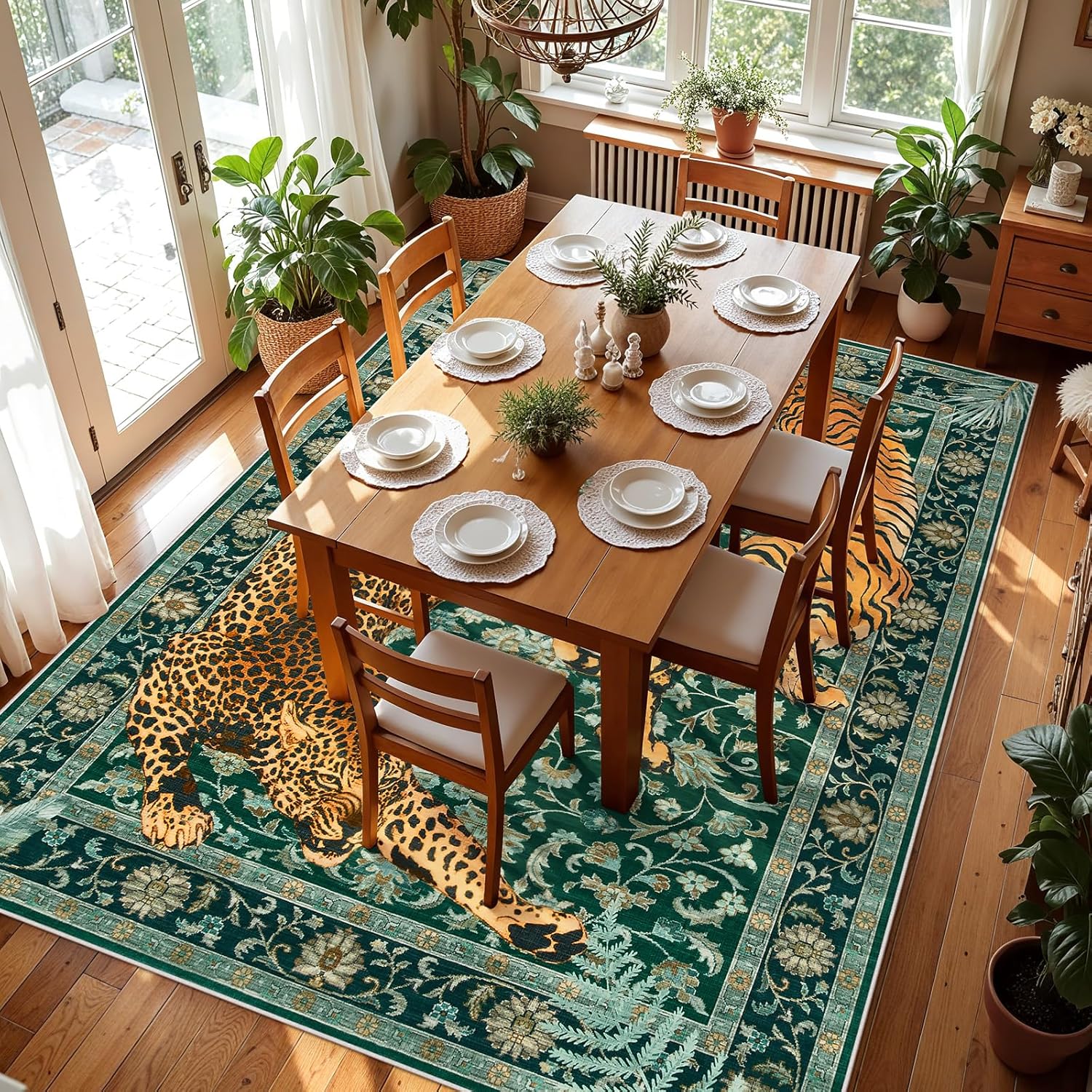 Joydeco Tiger Print Washable 8x10 Rugs for Living Room, Boho Green Cheetah Area Rugs for Bedroom Aesthetic, Large Vintage Non Slip Throw Floor Carpet for Dining Room Office Playroom Dorm