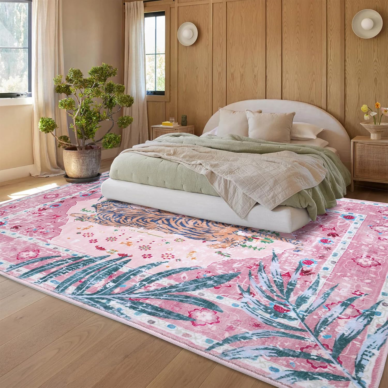 5x7 FT Leopard Rug for Living Room Pink Leopard Vintage Animal Rug Aesthetic Pink Rugs for Girls Room Nursery Bedroom Home Office Dorm Thin Bright Blush Pink Carpet (Light Pink, 5X7 FT)